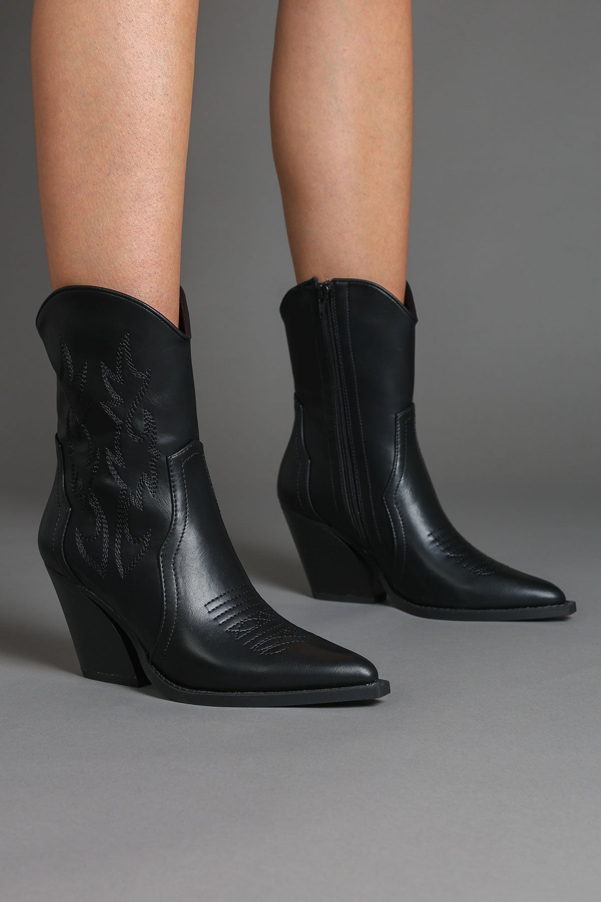 Black Faux Leather Embroidered Classic Western Ankle Cowboy Boots