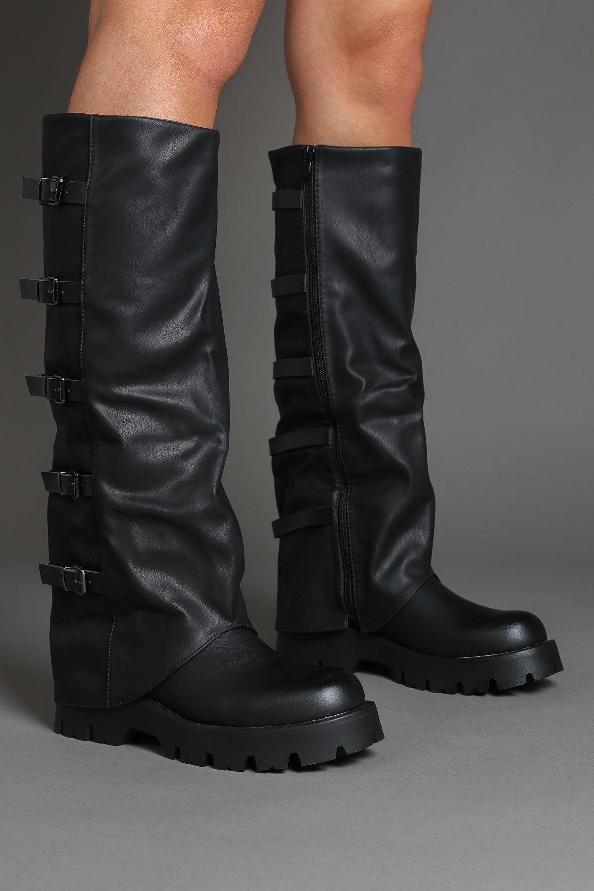 Black Buckle Detail Fold Over Chunky Biker Boots