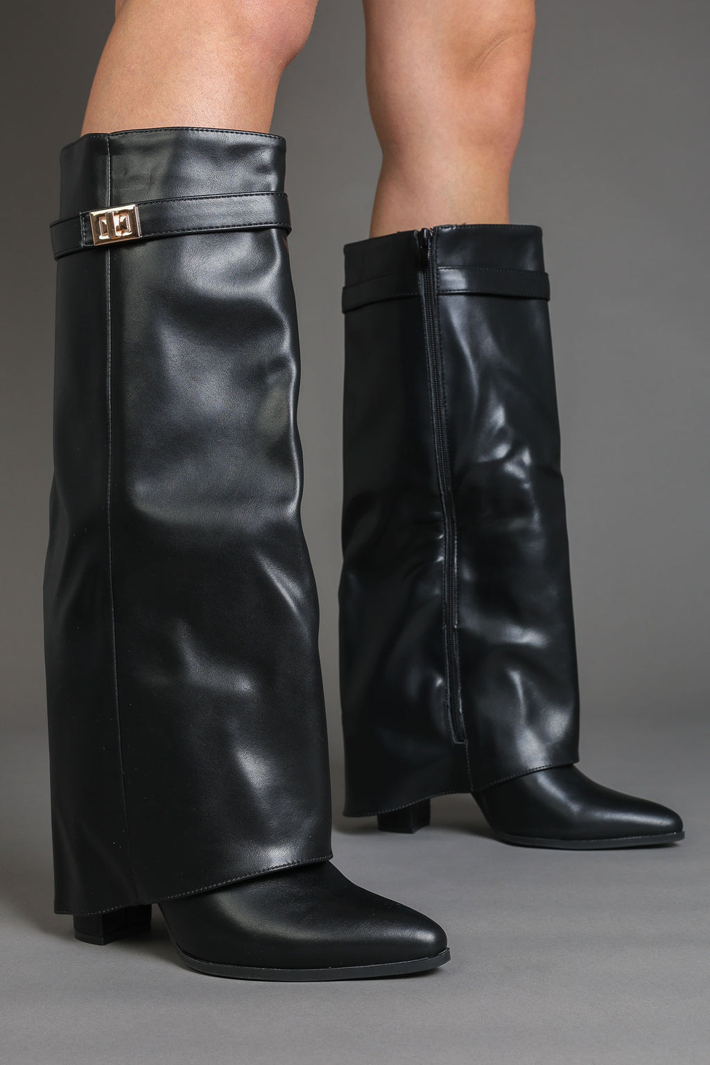 Black Faux Leather Slouchy Fold-Over Boots with Buckle Detail