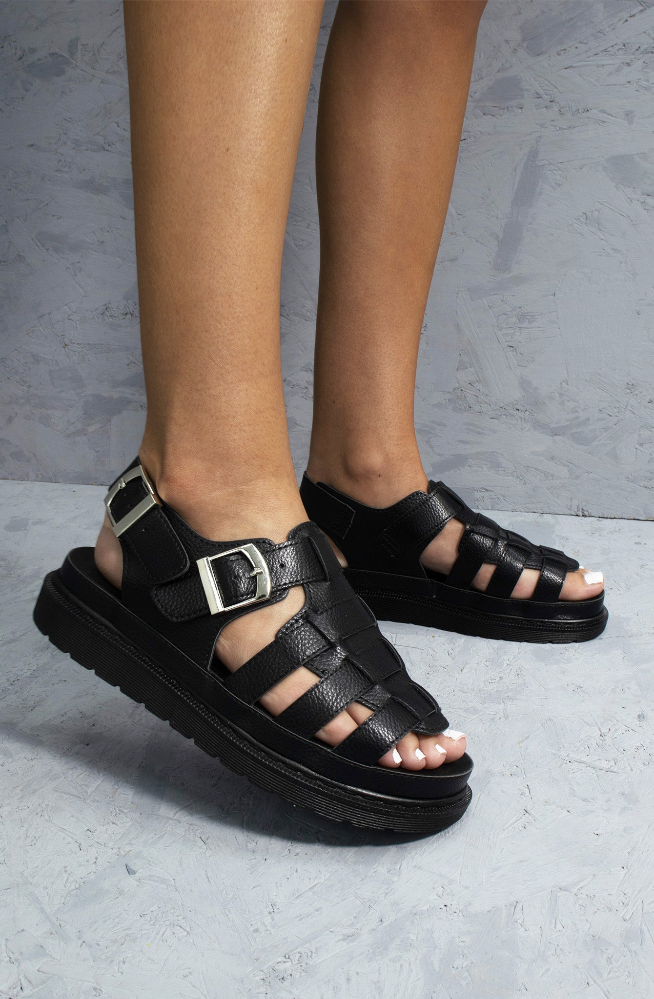 Black Chunky Caged Faux Leather Sandal