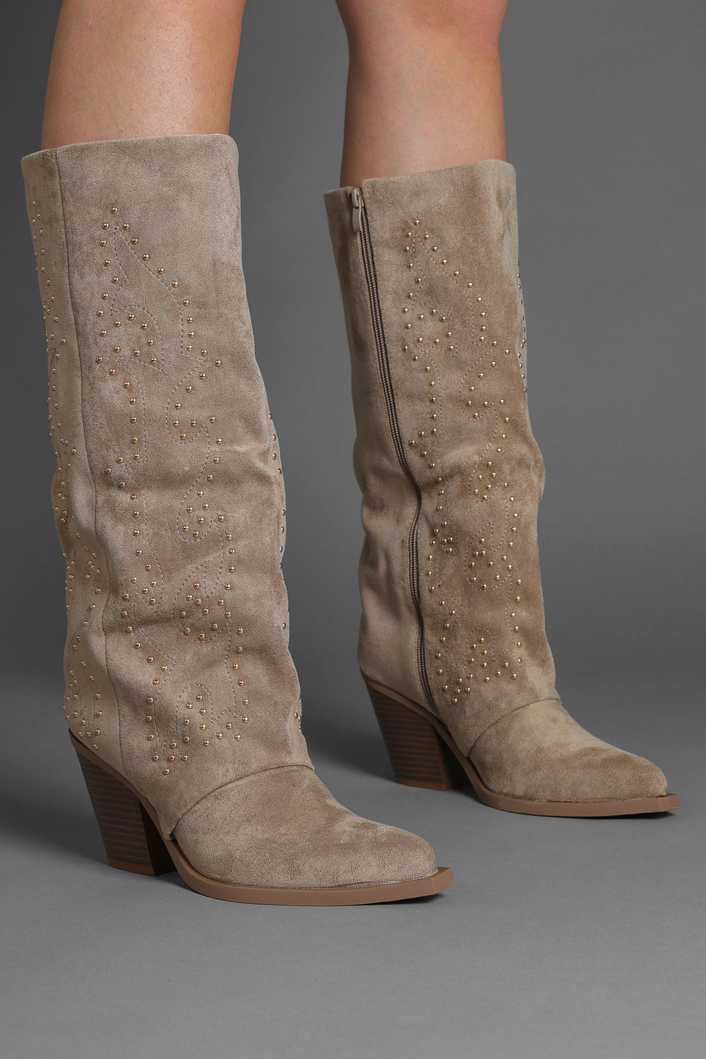 Taupe Faux Suede Studded Slouchy Western Cowboy Boots
