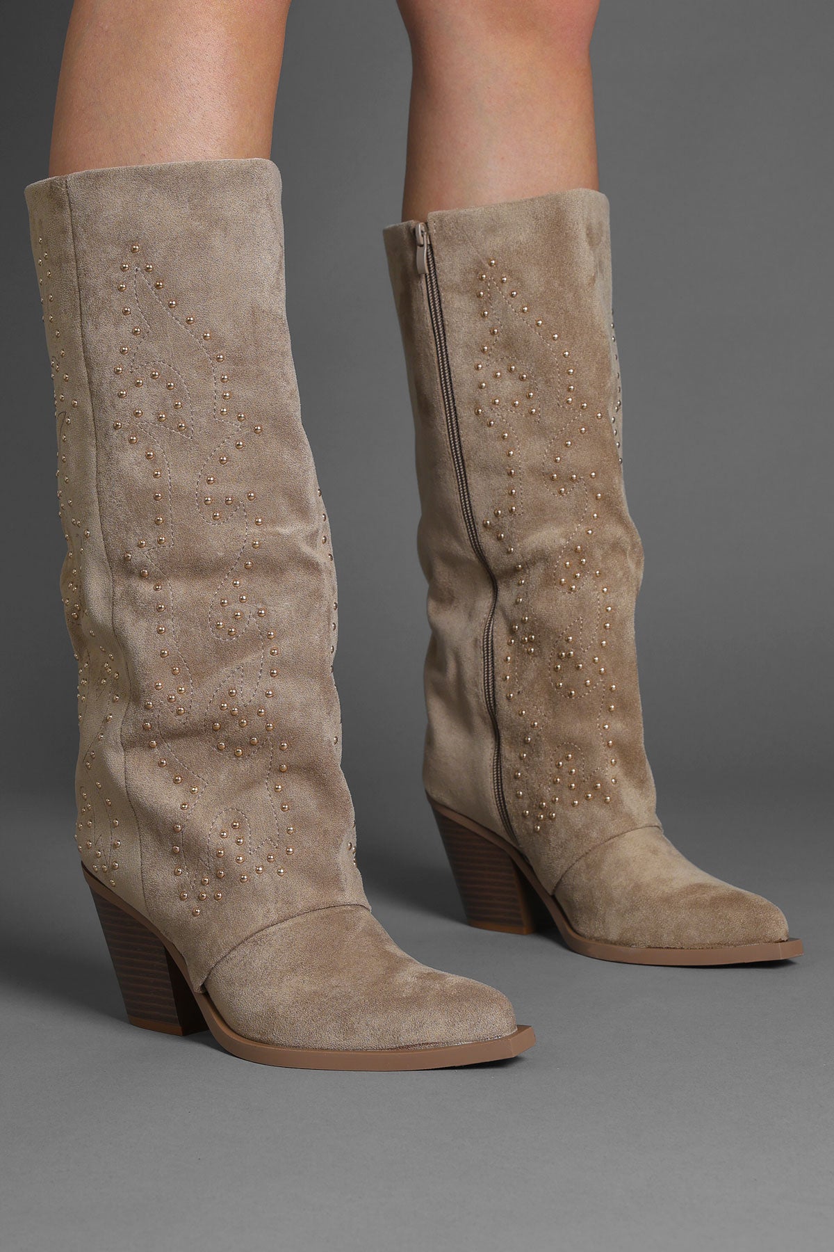 Taupe Faux Suede Studded Slouchy Western Cowboy Boots