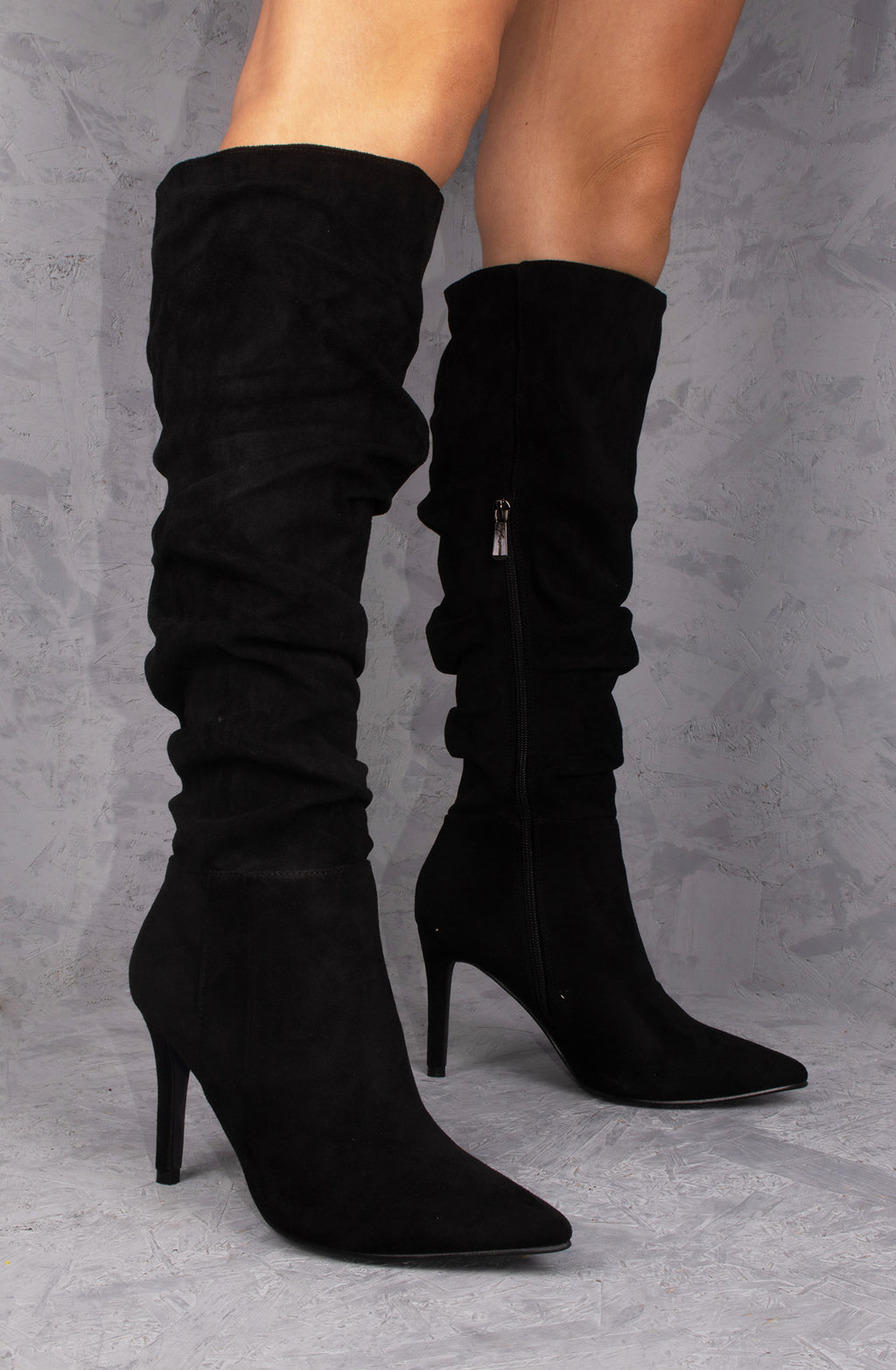 Black Ruched Pointed Toe Stiletto High Heel Knee High Boots