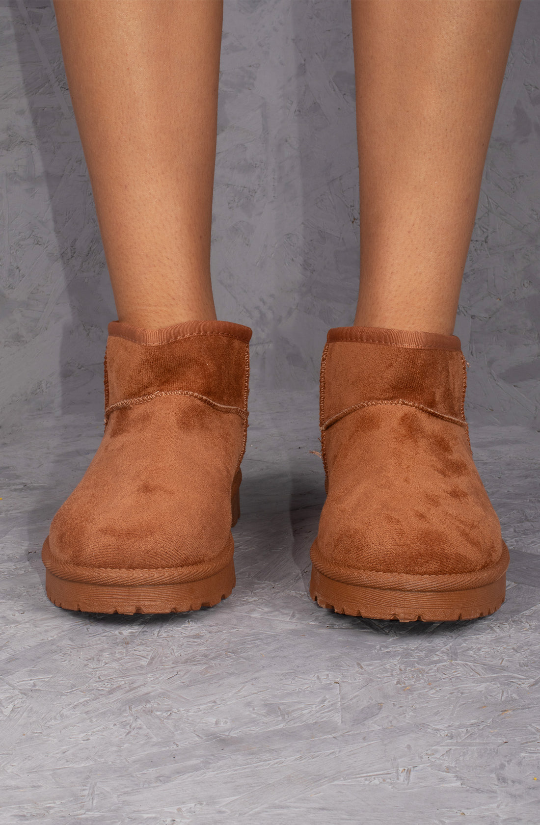 Orla Ultra Mini Ankle Length Faux Fur Lining Boots In Camel Faux Suede