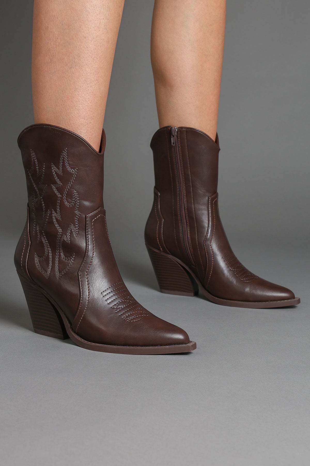 Brown Faux Leather Embroidered Classic Western Ankle Cowboy Boots