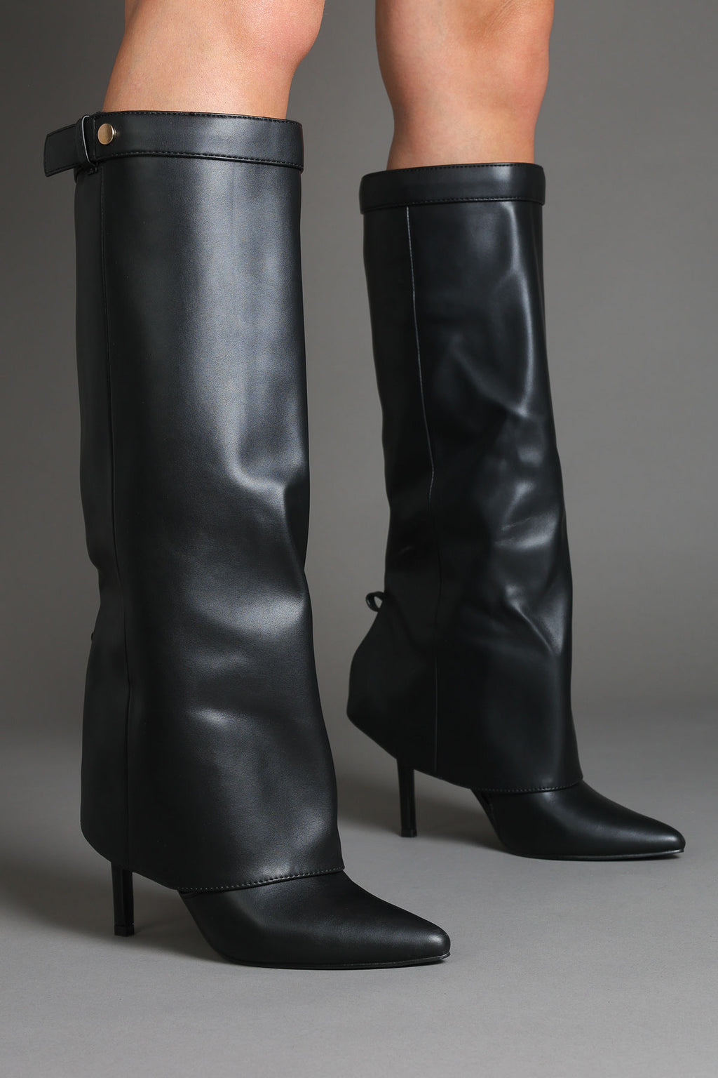 Black Fold Over Stiletto Boots with Pointed Toe