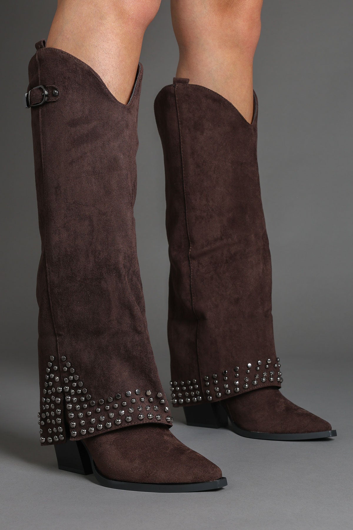 Brown Faux Suede Studded Fold Over Slouch Western Cowboy Boots