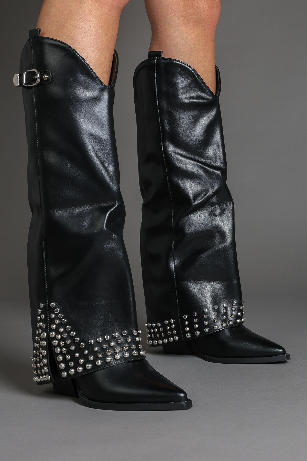 Black Faux Leather Studded Fold Over Slouch Western Cowboy Boots