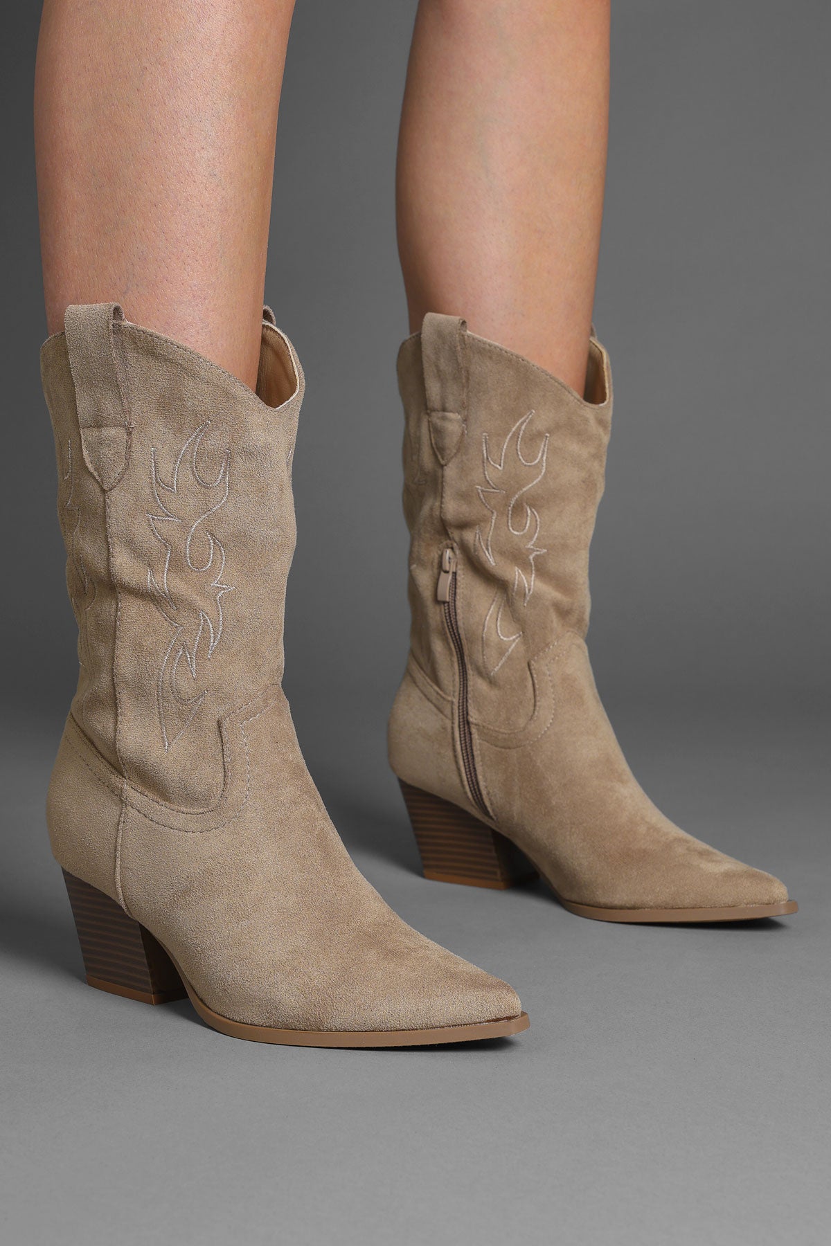 Taupe Faux Suede Flame Embroidered Western Cowboy Boots