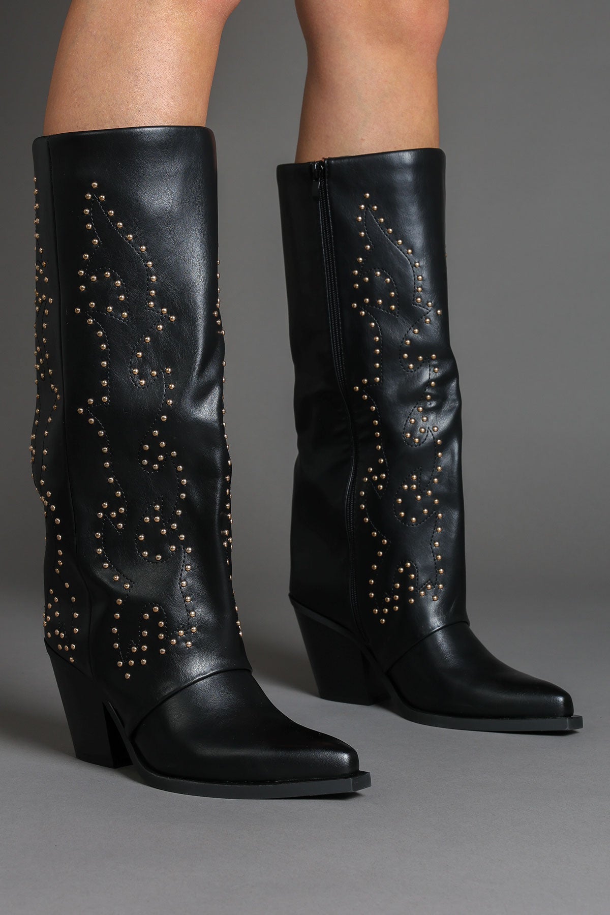 Black Faux Leather Studded Slouchy Western Cowboy Boots