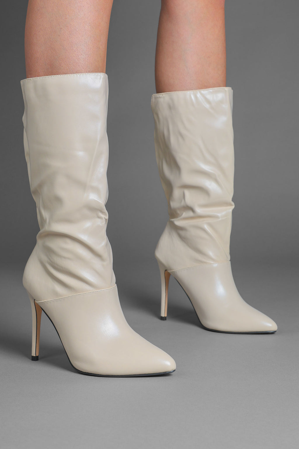Beige Faux Leather Slouchy Pointed-Toe Stiletto Boots