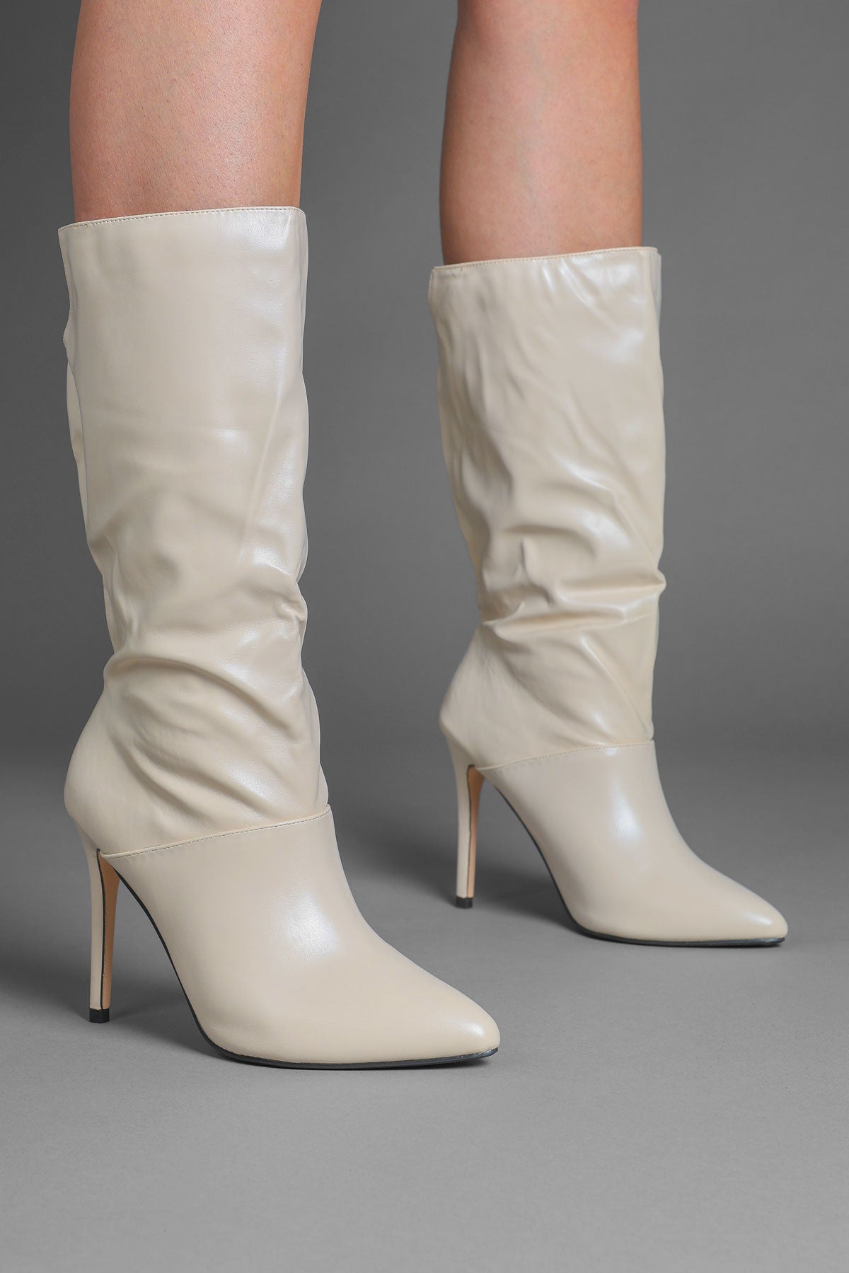 Beige Faux Leather Slouchy Pointed-Toe Stiletto Boots