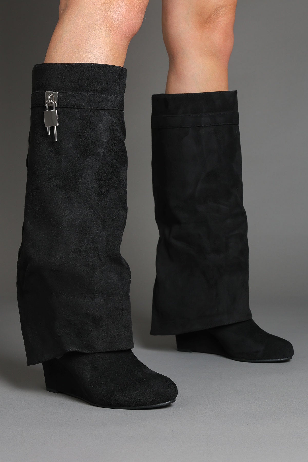 Black Suede Wedge Fold Over Padlock Detail Boots