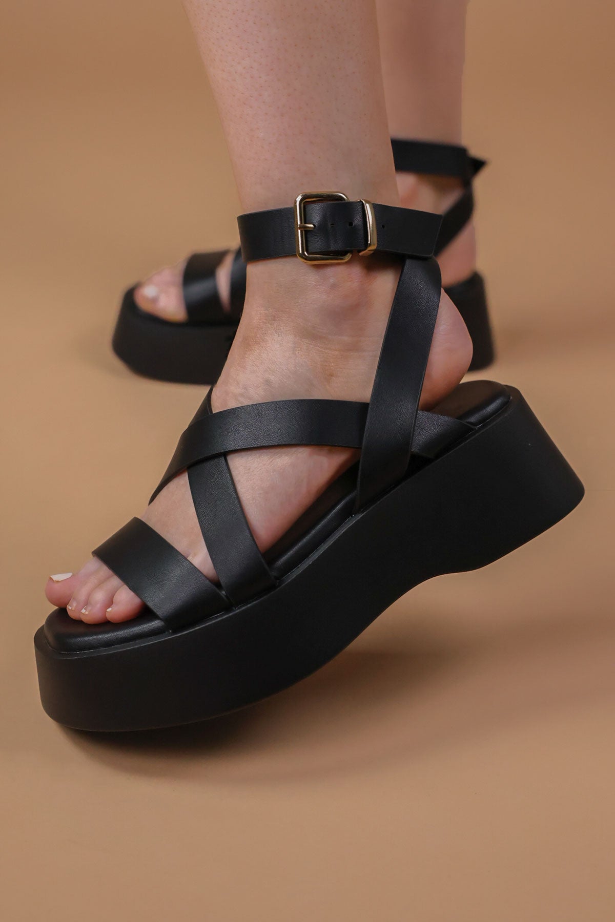 Elena Black Gladiator Flatform Buckle Sandals