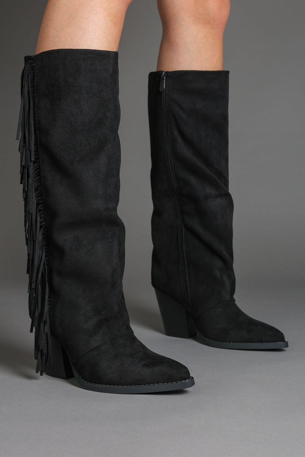 Black Faux Suede Fringe Slouchy Knee-High Western Cowboy Boots