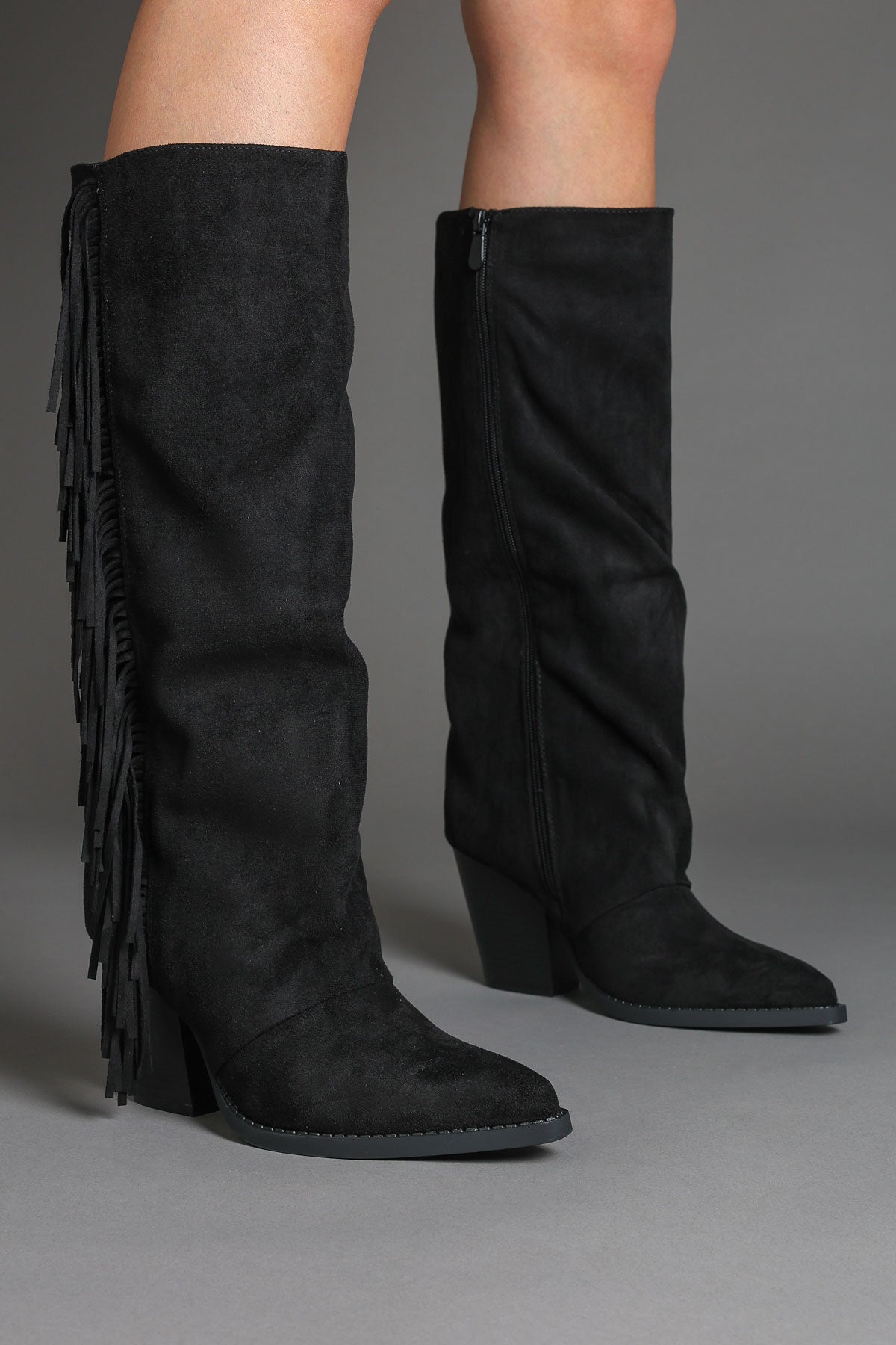 Black Faux Suede Fringe Slouchy Knee-High Western Cowboy Boots