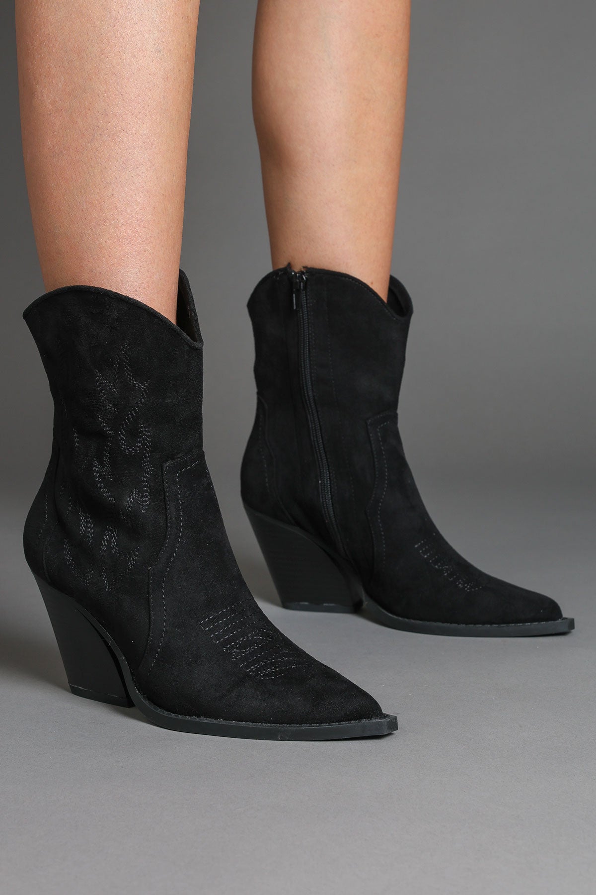 Black Faux Suede Embroidered Classic Western Ankle Cowboy Boots