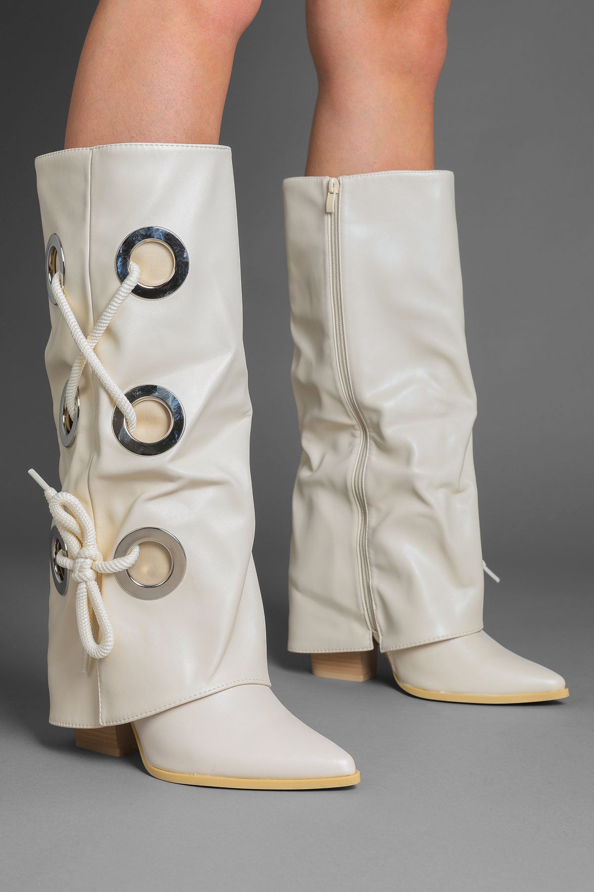 Beige Faux Leather Fold Over Lace Detail Knee-High