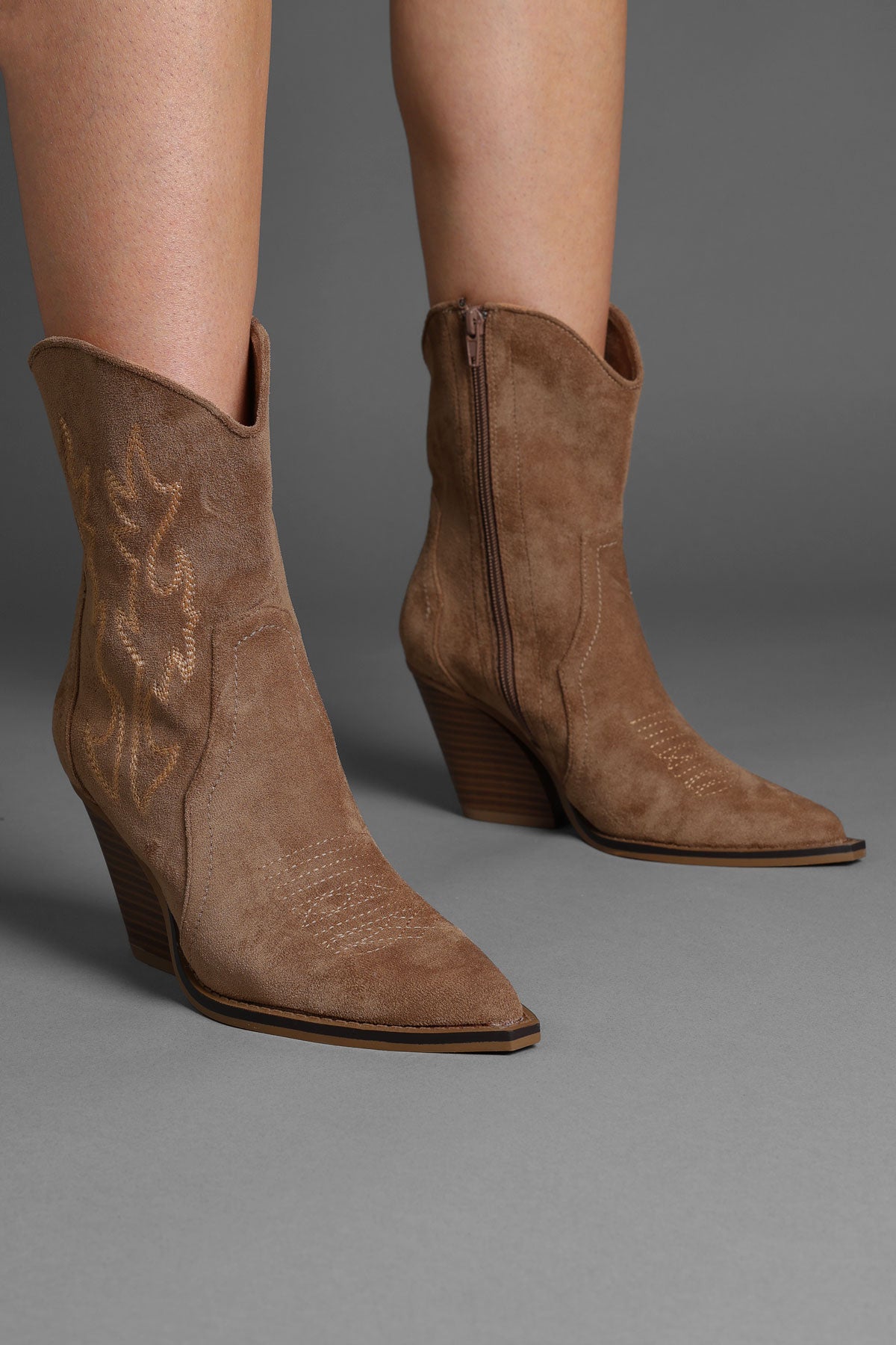 Tan Faux Suede Embroidered Classic Western Ankle Cowboy Boots