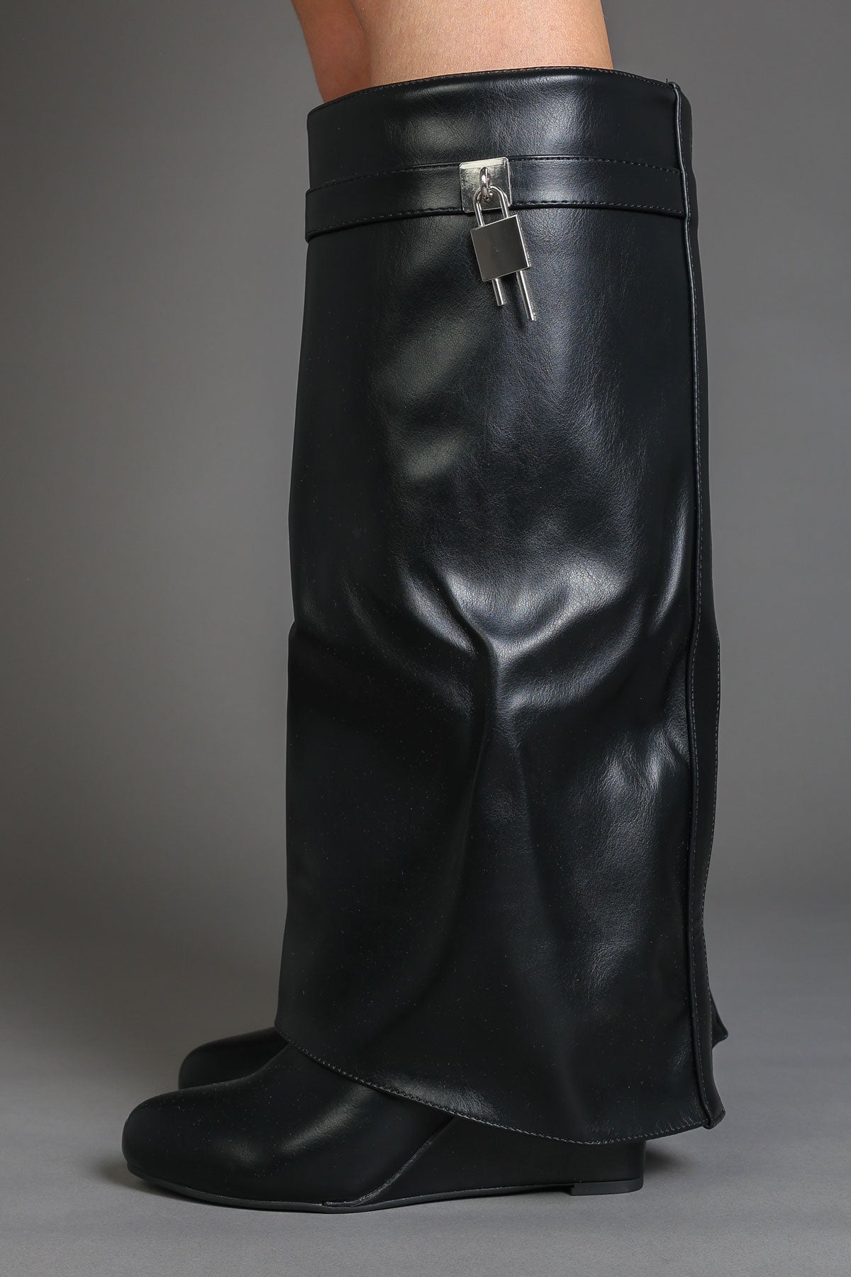 Black Faux Leather Wedge Fold Over Padlock Detail Boots