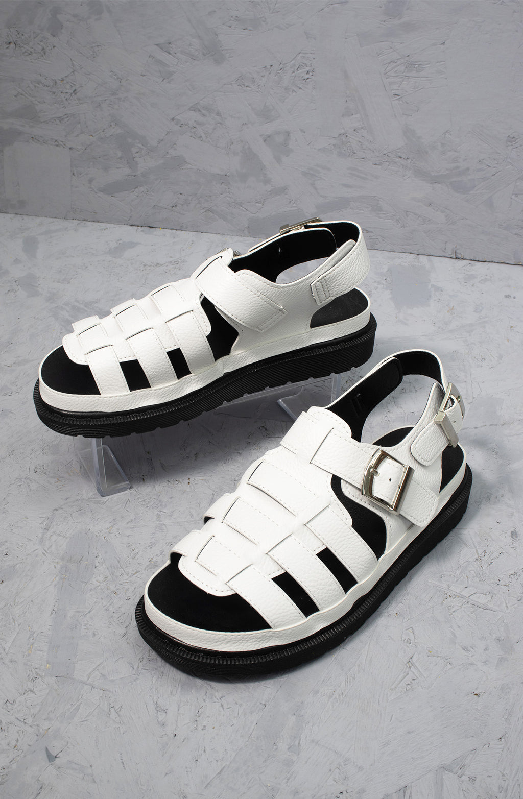 White Chunky Caged Faux Leather Sandal