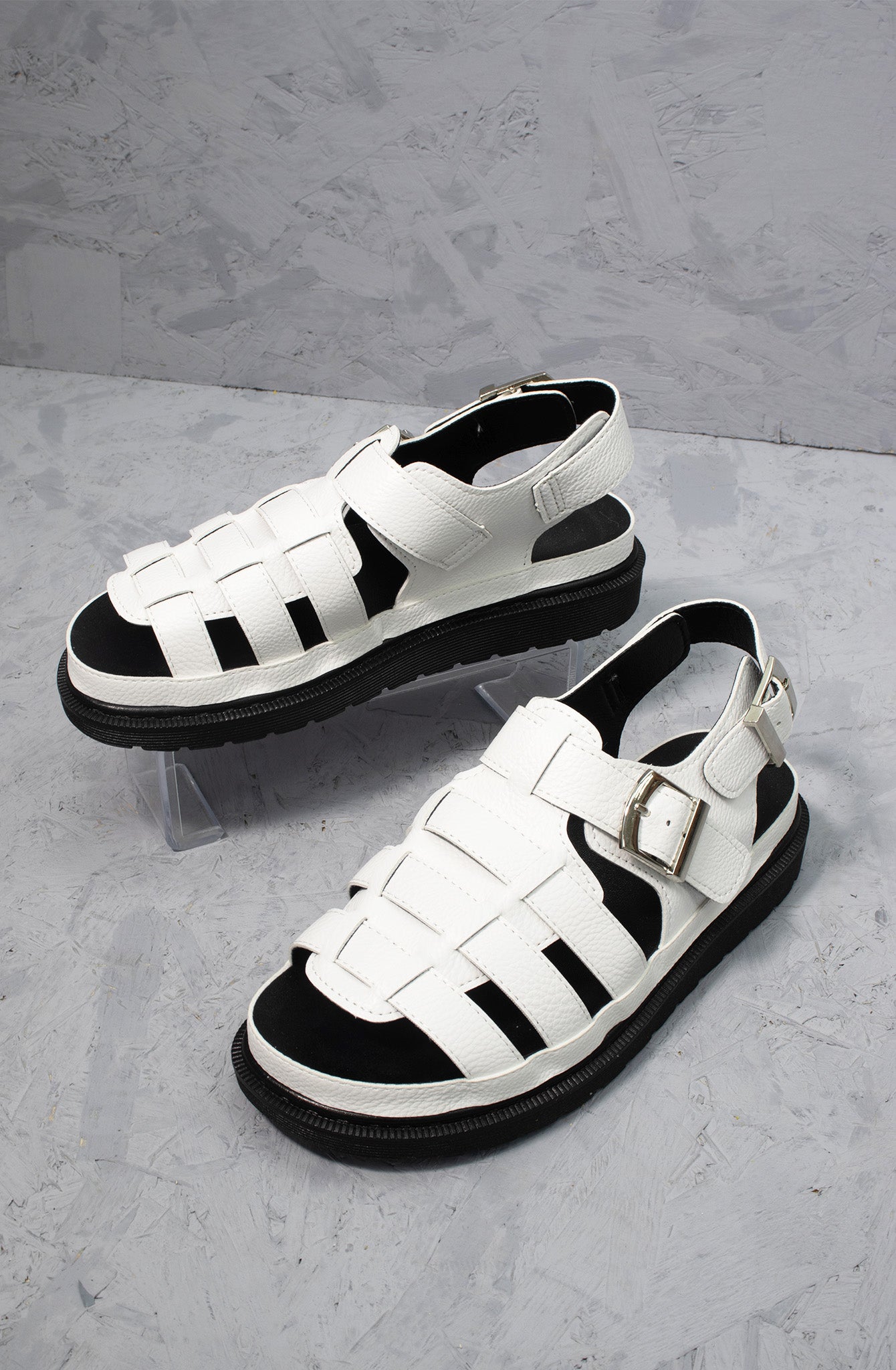 White Chunky Caged Faux Leather Sandal