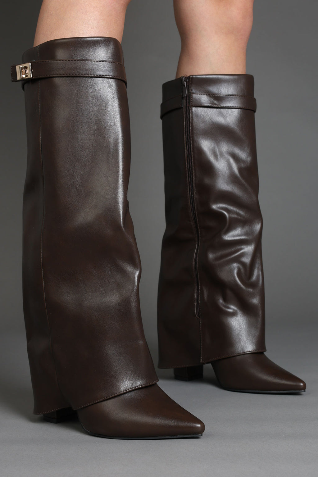 Brown Faux Leather Slouchy Fold-Over Boots with Buckle Detail