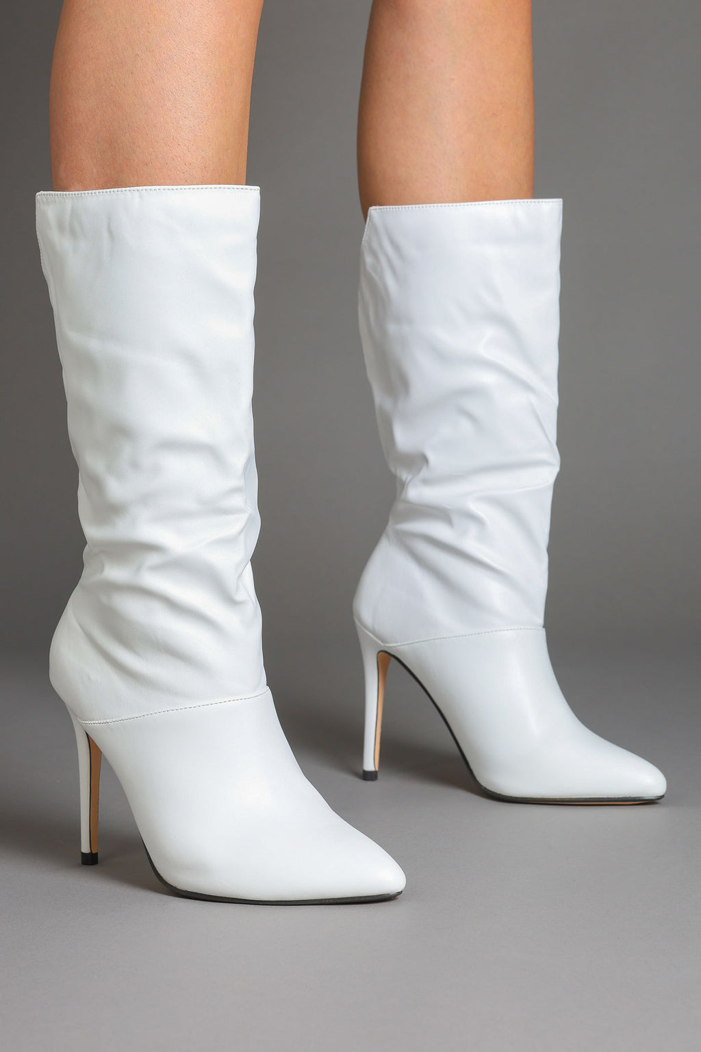 White Faux Leather Slouchy Pointed-Toe Stiletto Boots