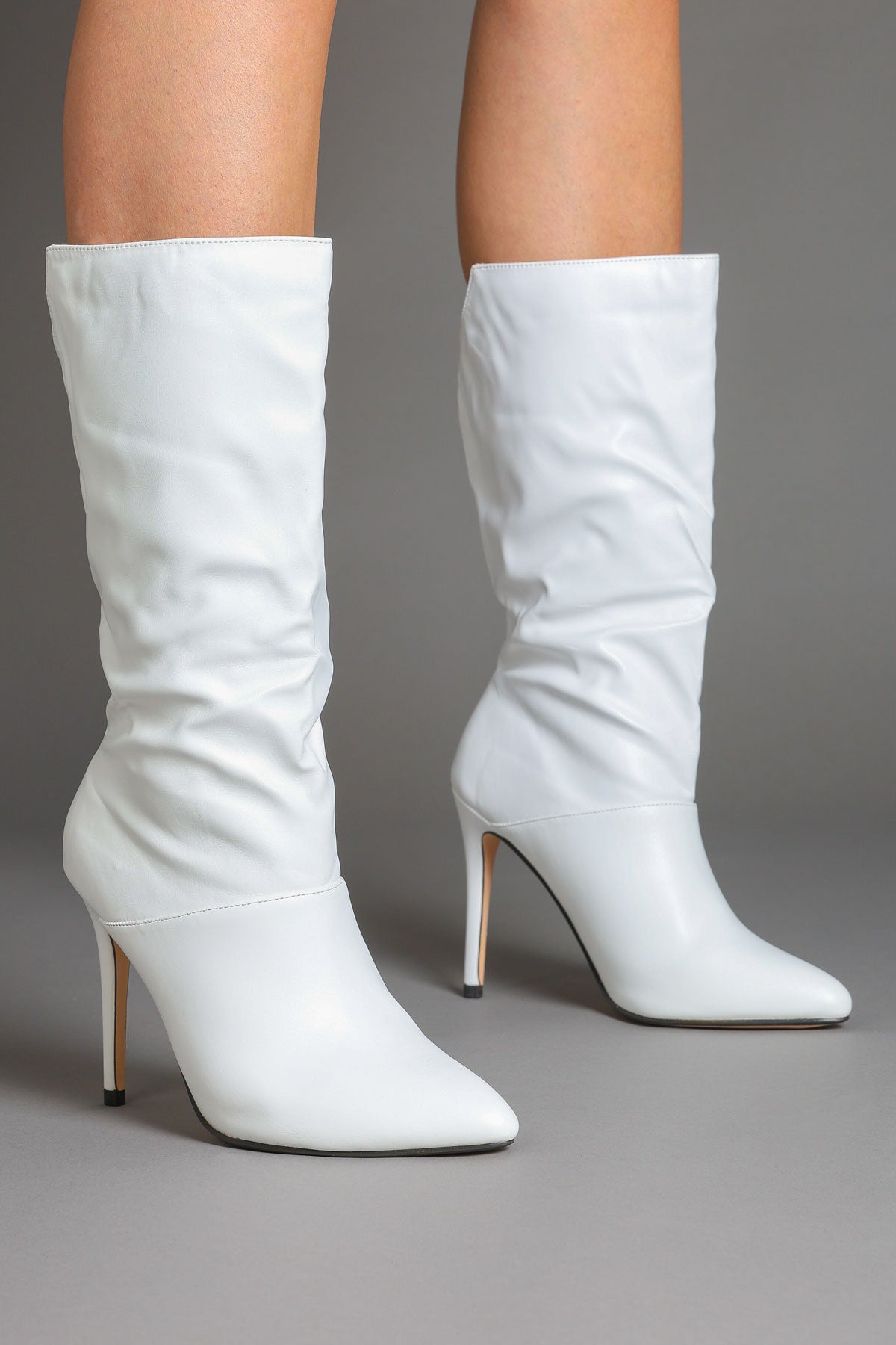 White Faux Leather Slouchy Pointed-Toe Stiletto Boots