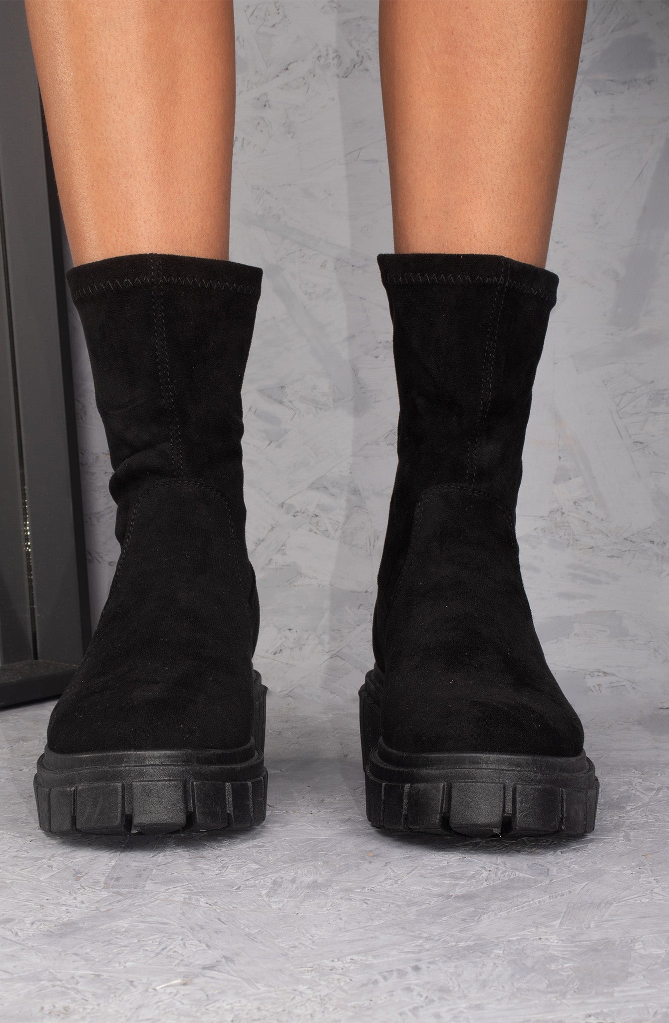 Black Faux Suede Ankle Sock Boot