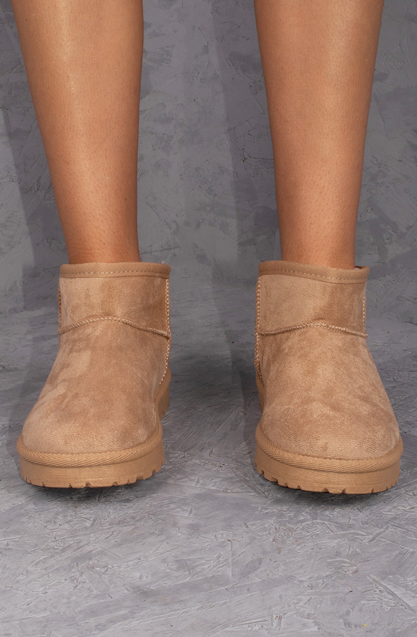 Ultra Mini Ankle Length Faux Fur Lining Boots In Beige Faux Suede
