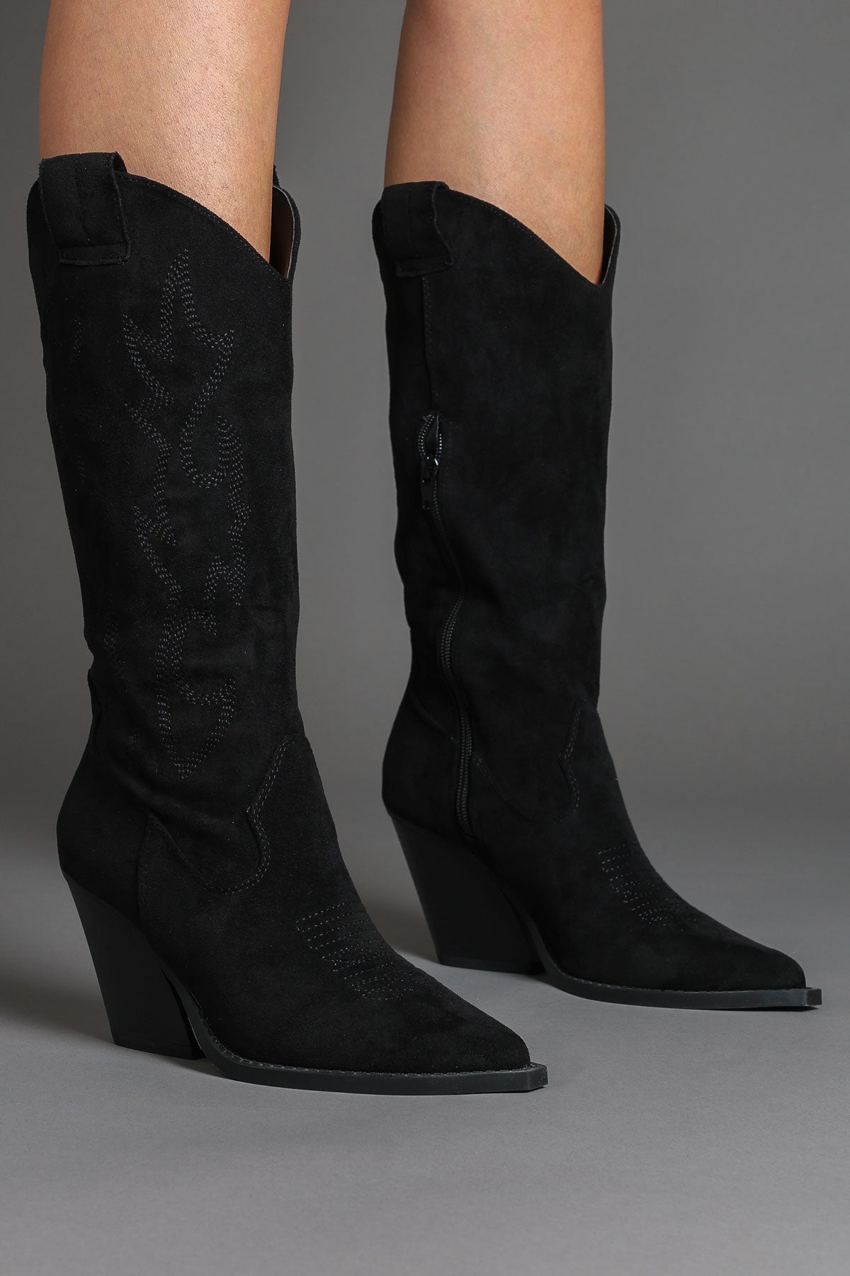 Black Faux Suede Embroidered Classic Western Cowboy Boots