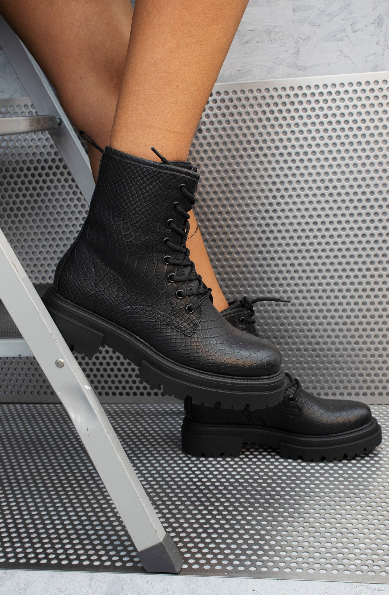 Gemma Chunky Platform Ankle Boots Textured Black