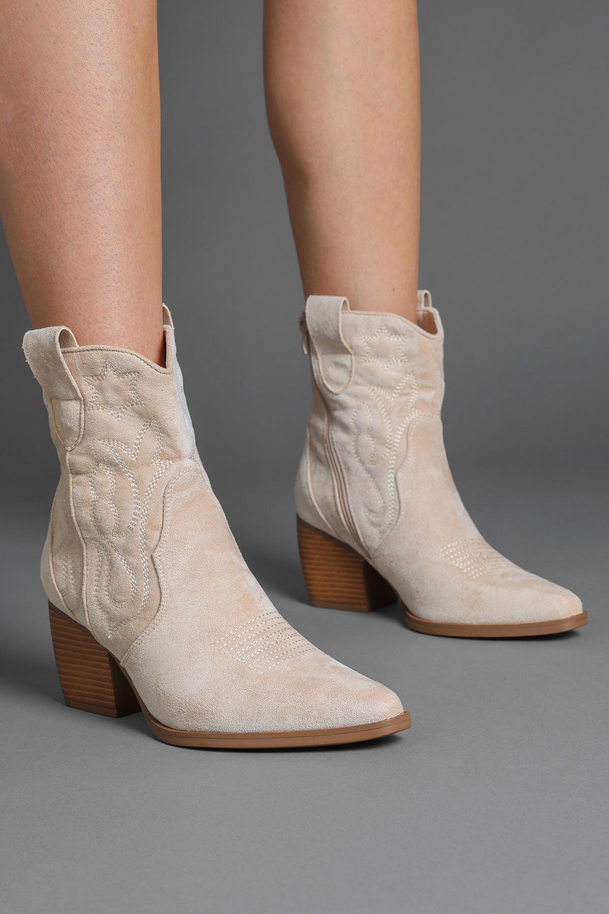 Beige Embroidered Western Ankle Cowboy Boots