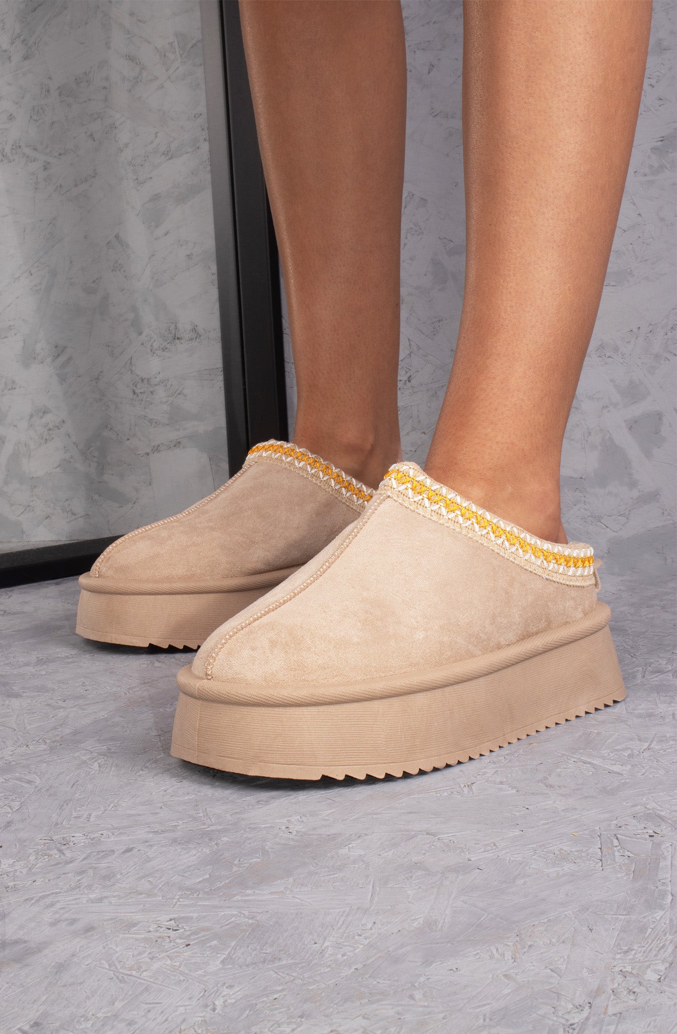 Vanilla Suede Embroidered Chunky Platform Slippers Shoes - Beige