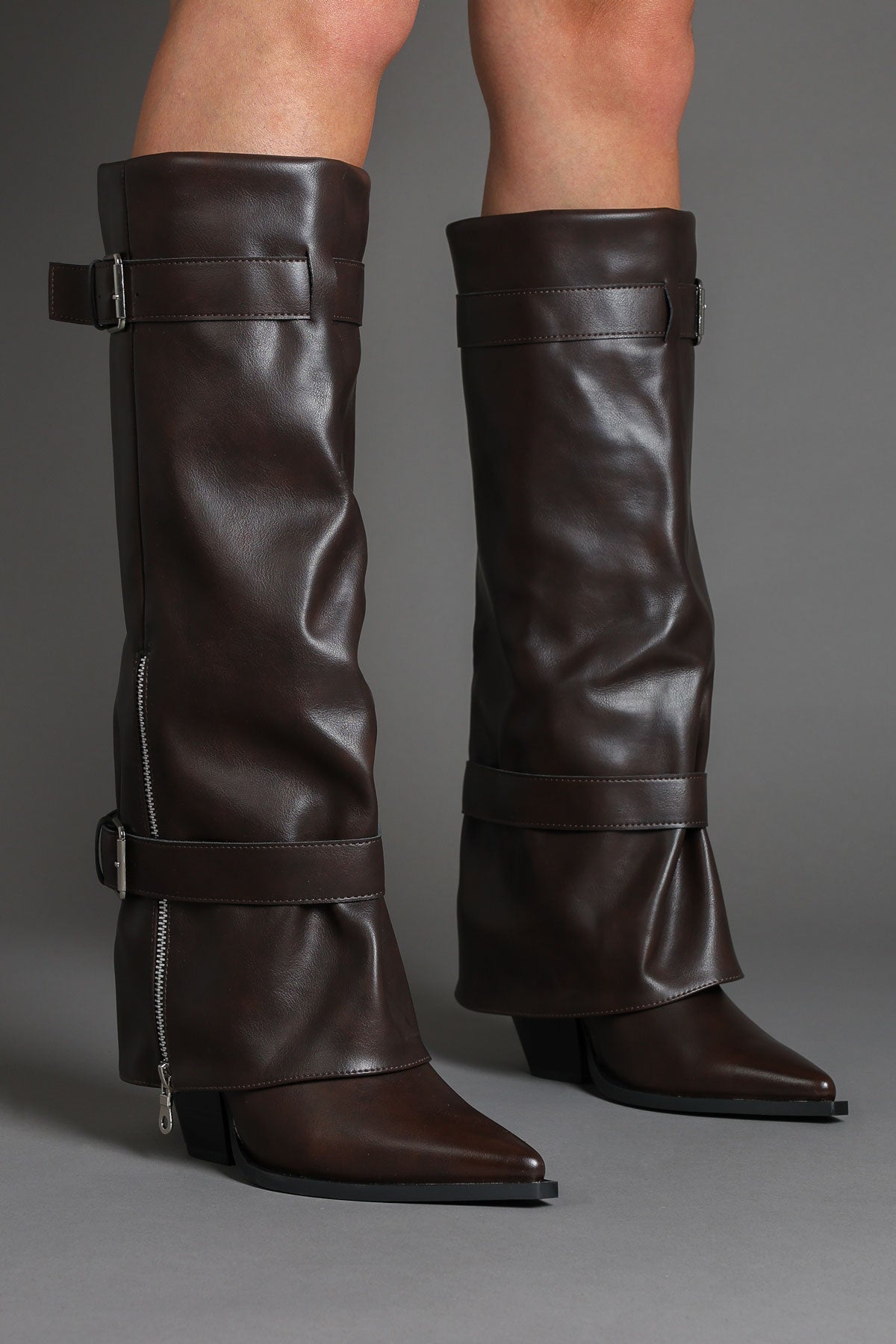 Brown Fold Over Pointed-Toe Buckle Detail Western Boots