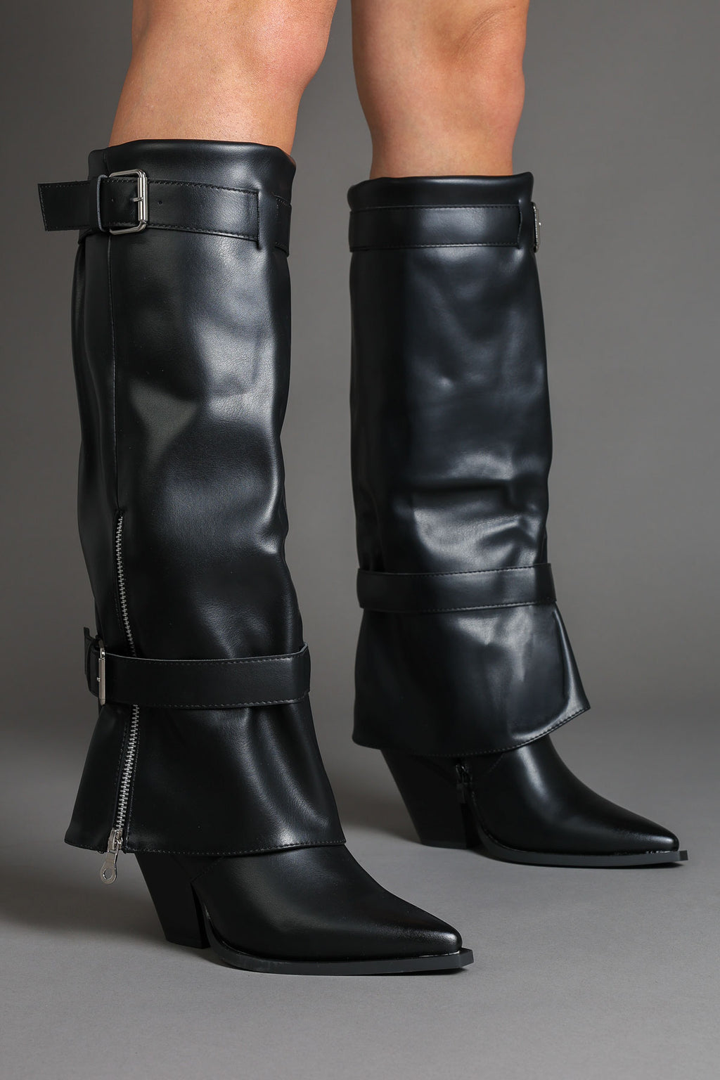 Black Fold Over Pointed-Toe Buckle Detail Western Boots