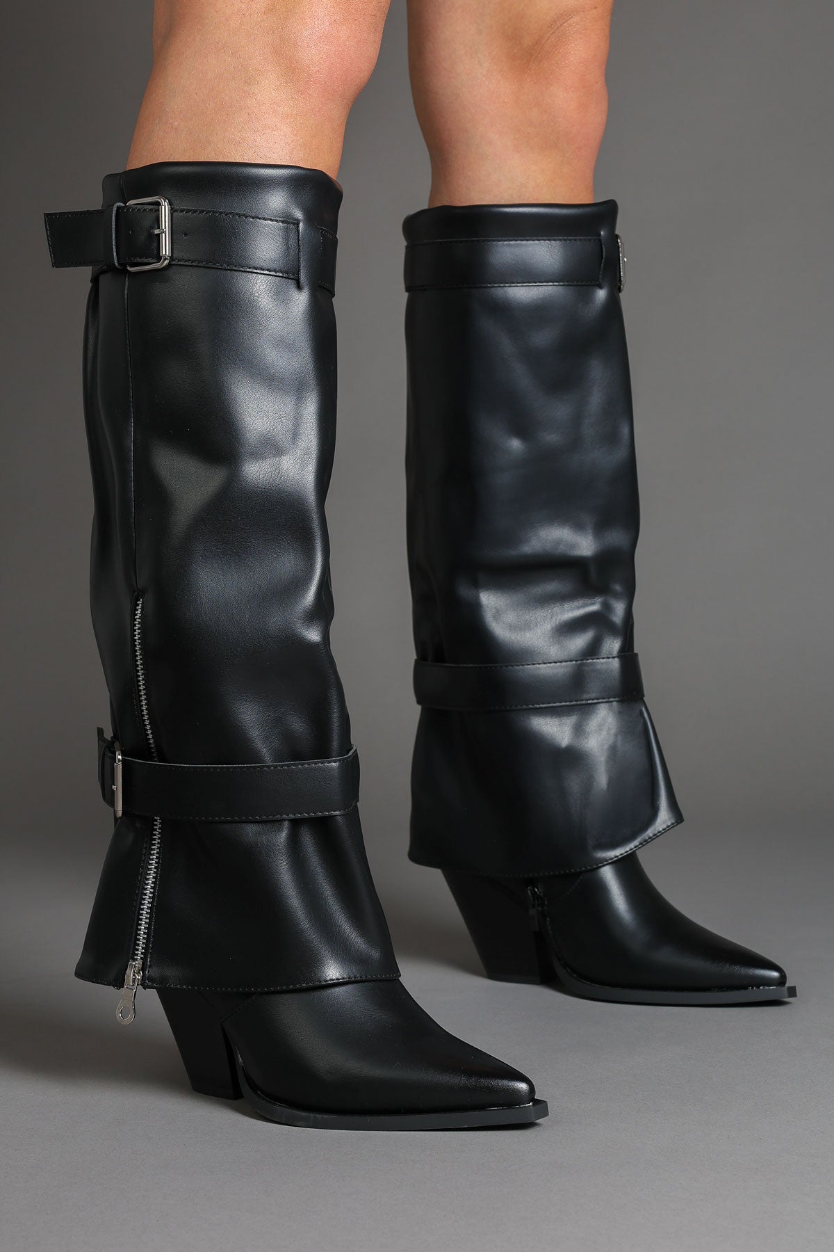 Black Fold Over Pointed-Toe Buckle Detail Western Boots