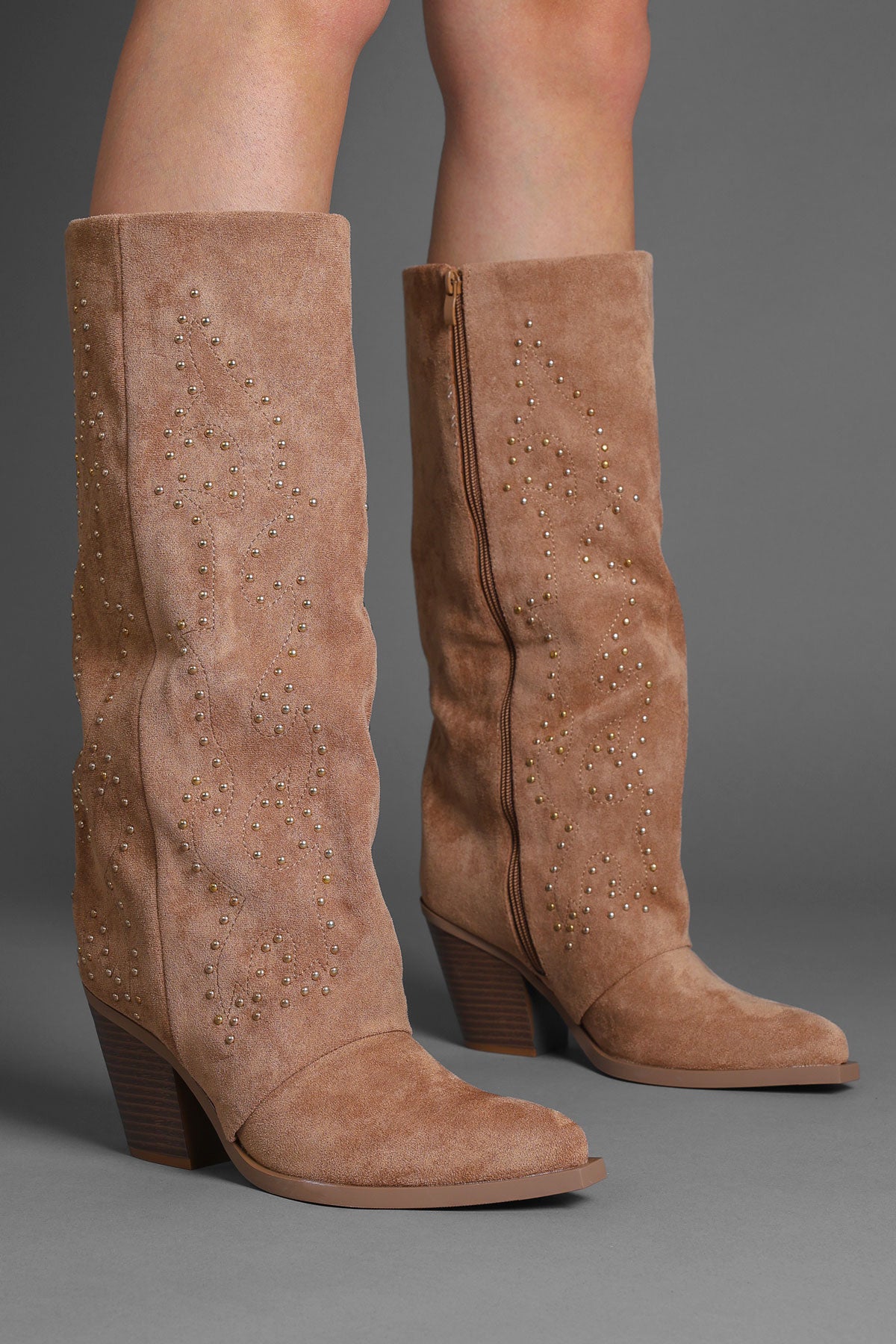Tan Faux Suede Studded Slouchy Western Cowboy Boots