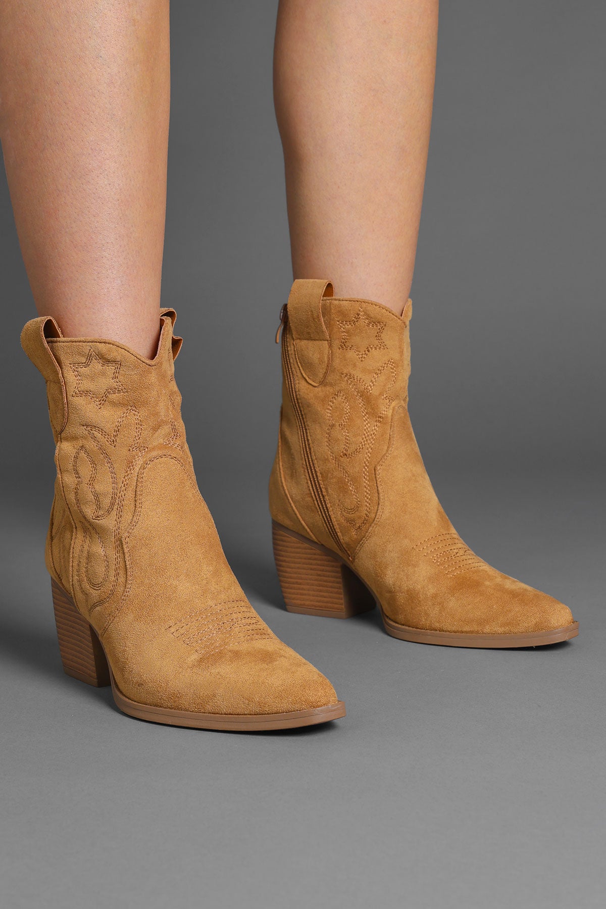 Tan Embroidered Western Ankle Cowboy Boots