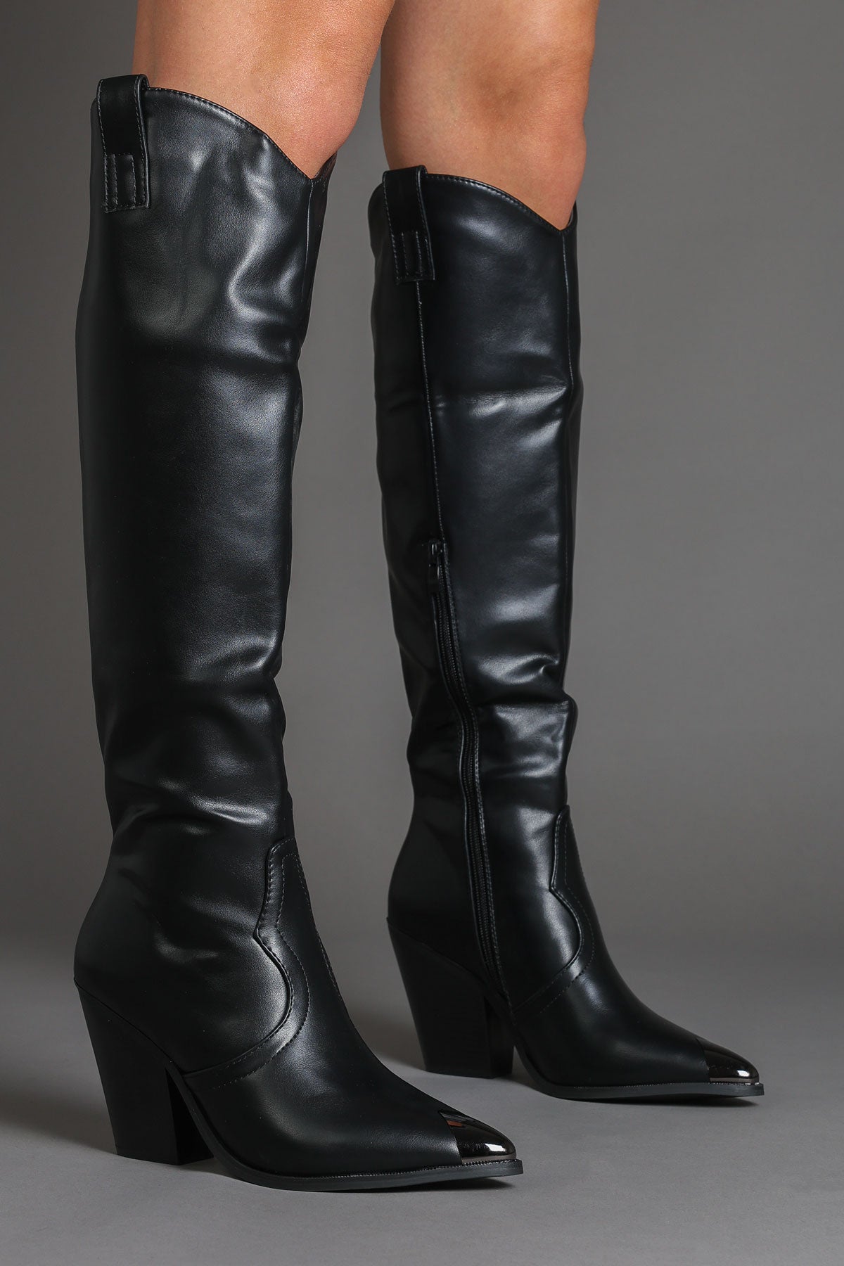 Black Faux Leather Metal Toe Knee High Cowboy Boots