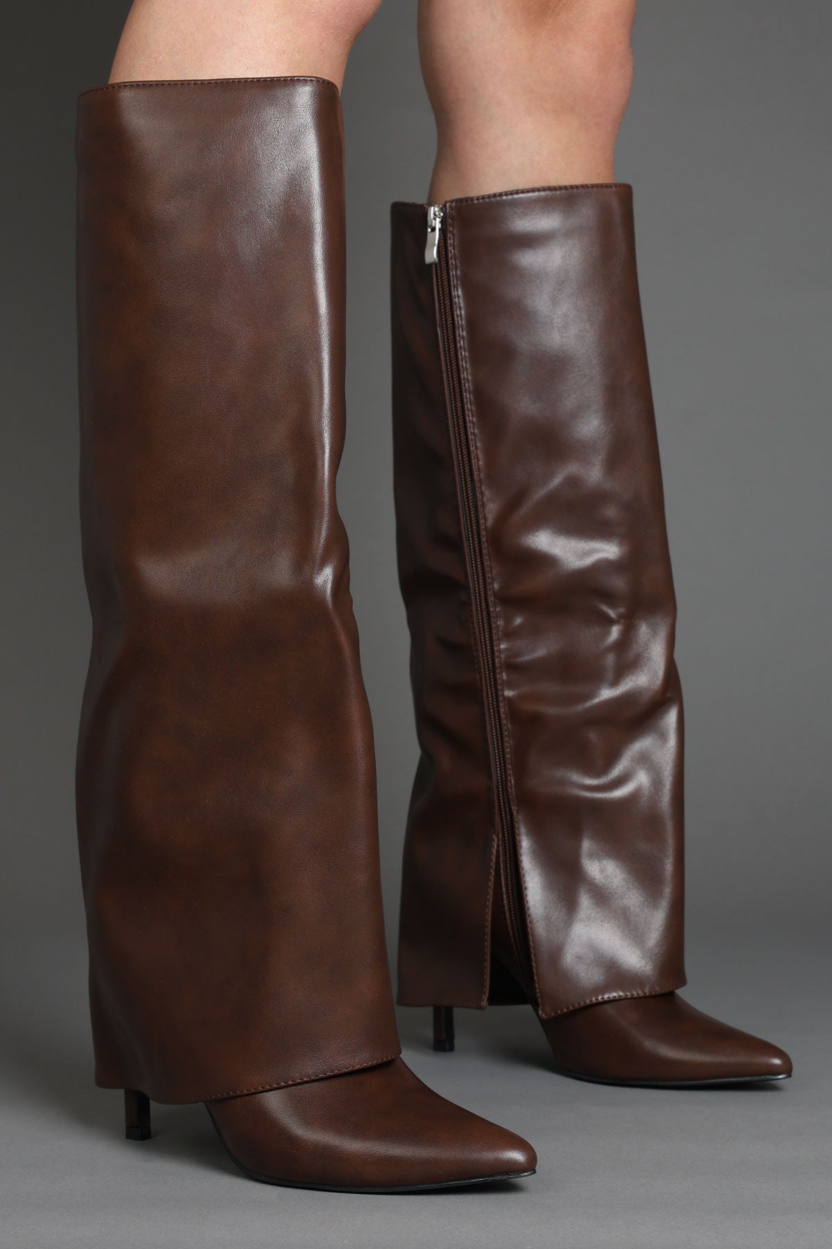 Brown Faux Leather Stiletto Slouchy Fold Over Knee-High Boots