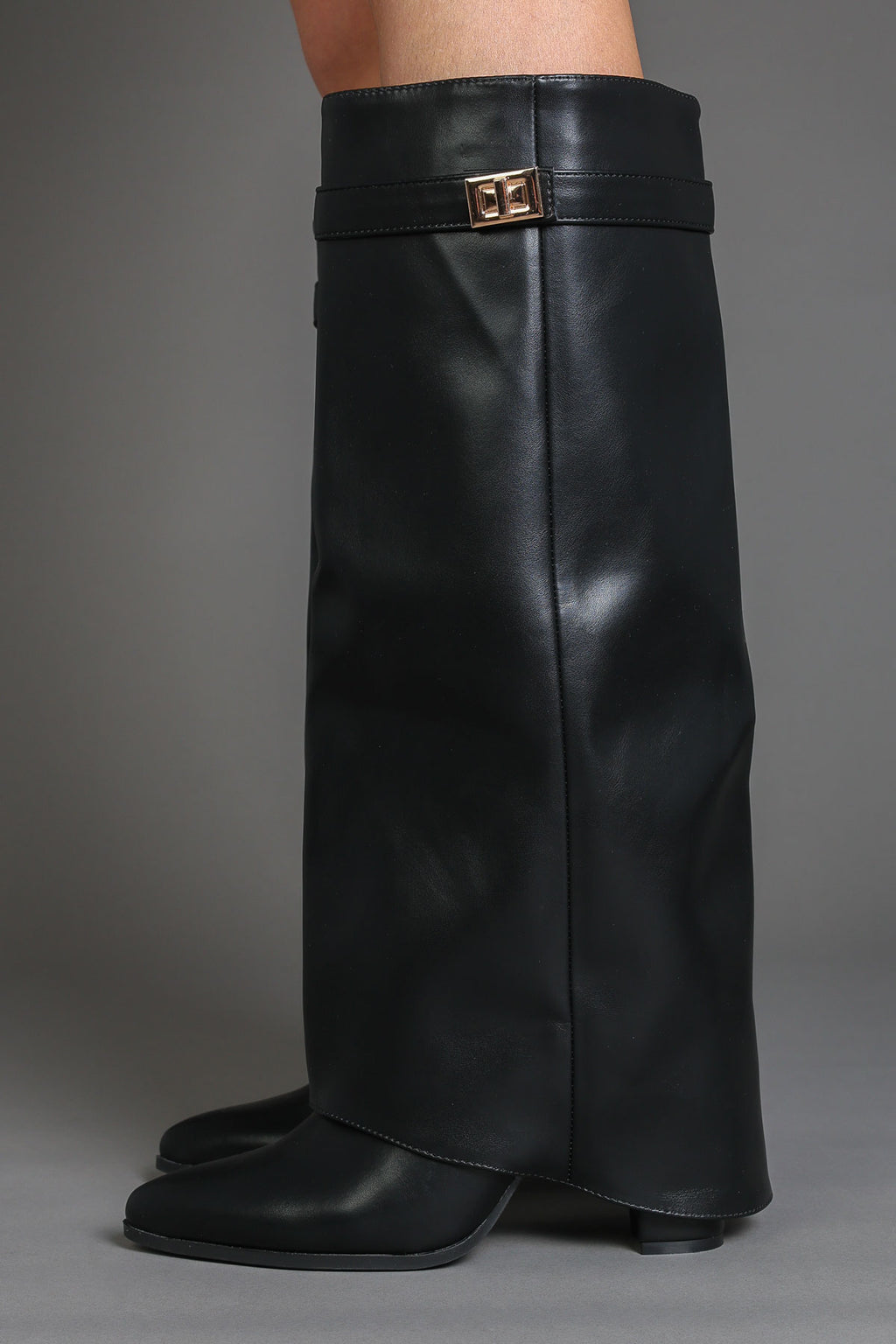 Black Faux Leather Slouchy Fold-Over Boots with Buckle Detail