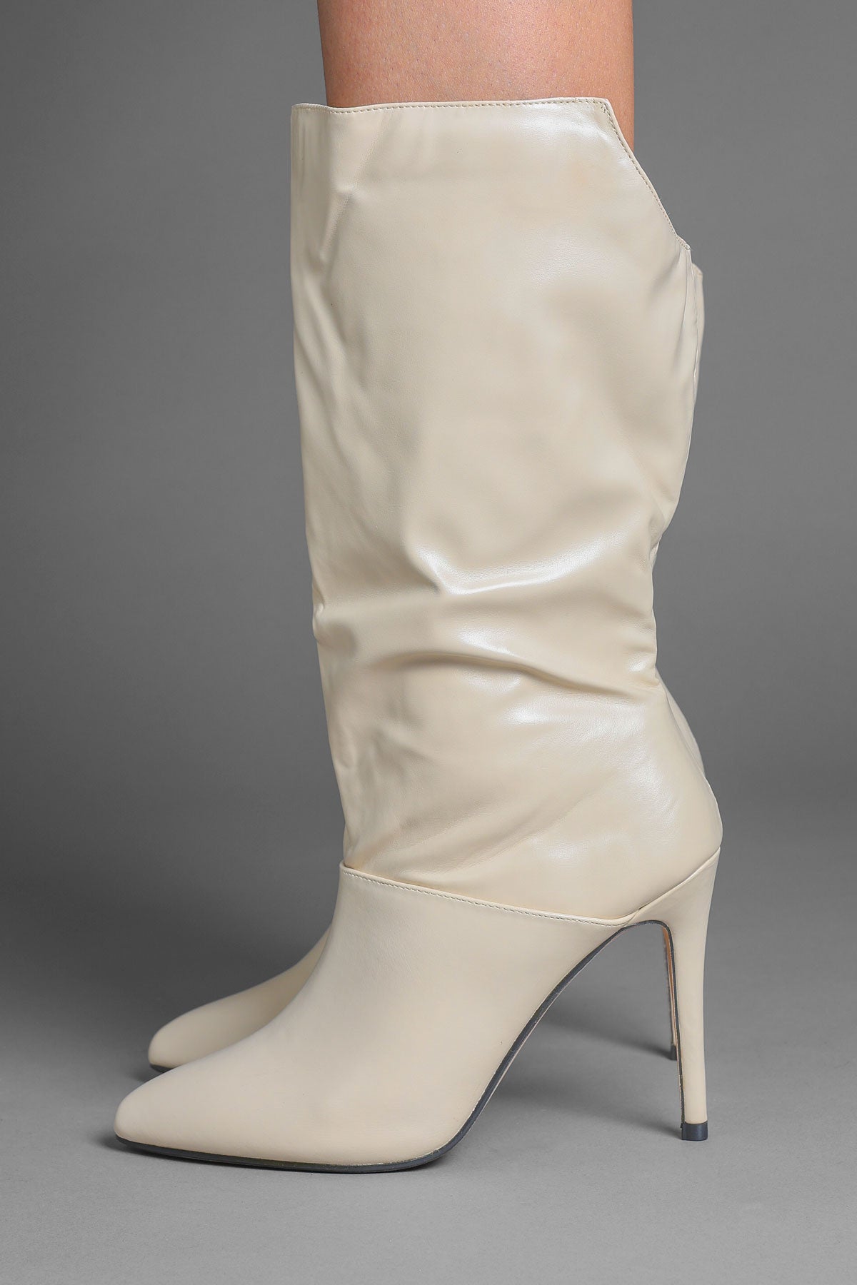 Beige Faux Leather Slouchy Pointed-Toe Stiletto Boots