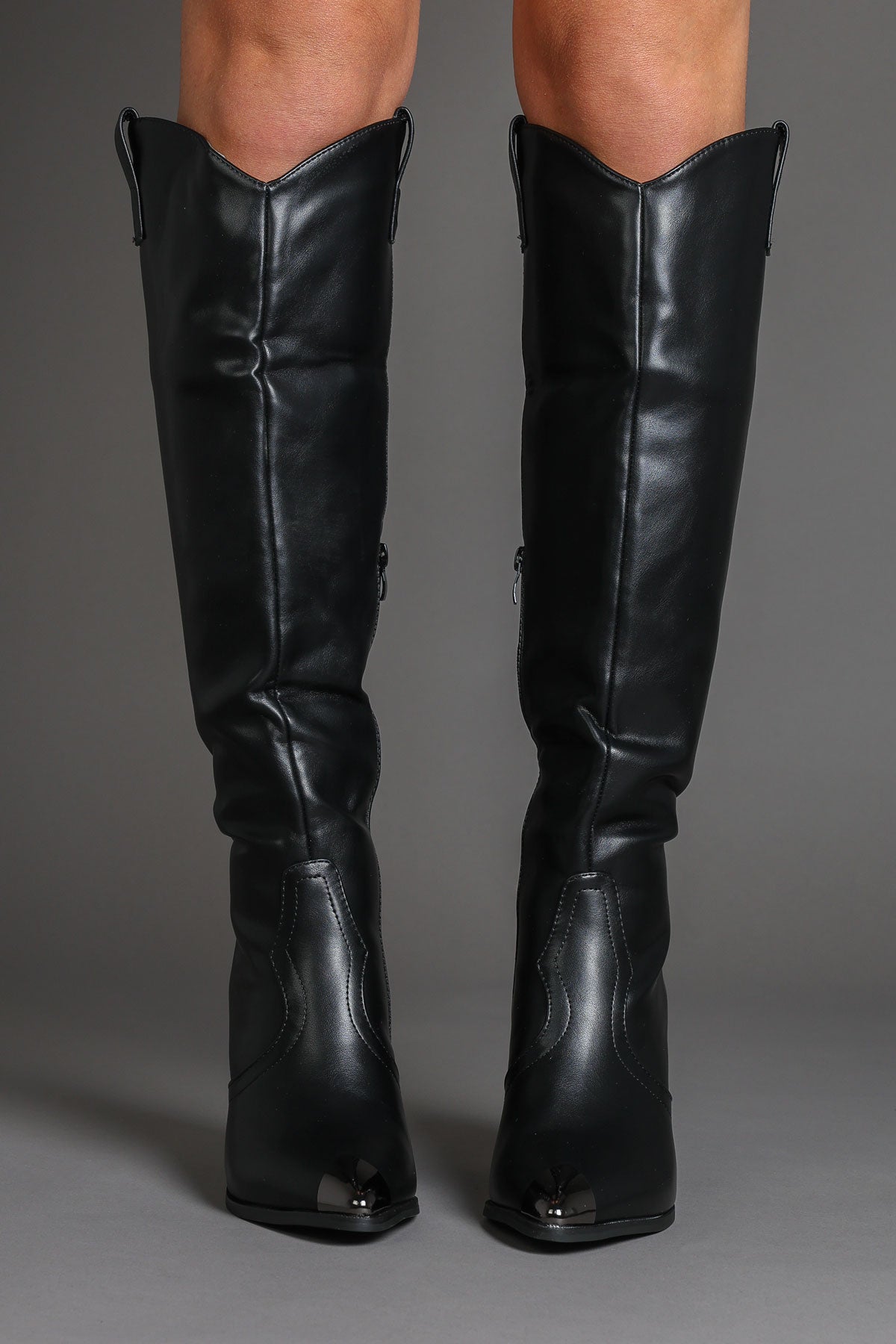 Black Faux Leather Metal Toe Knee High Cowboy Boots