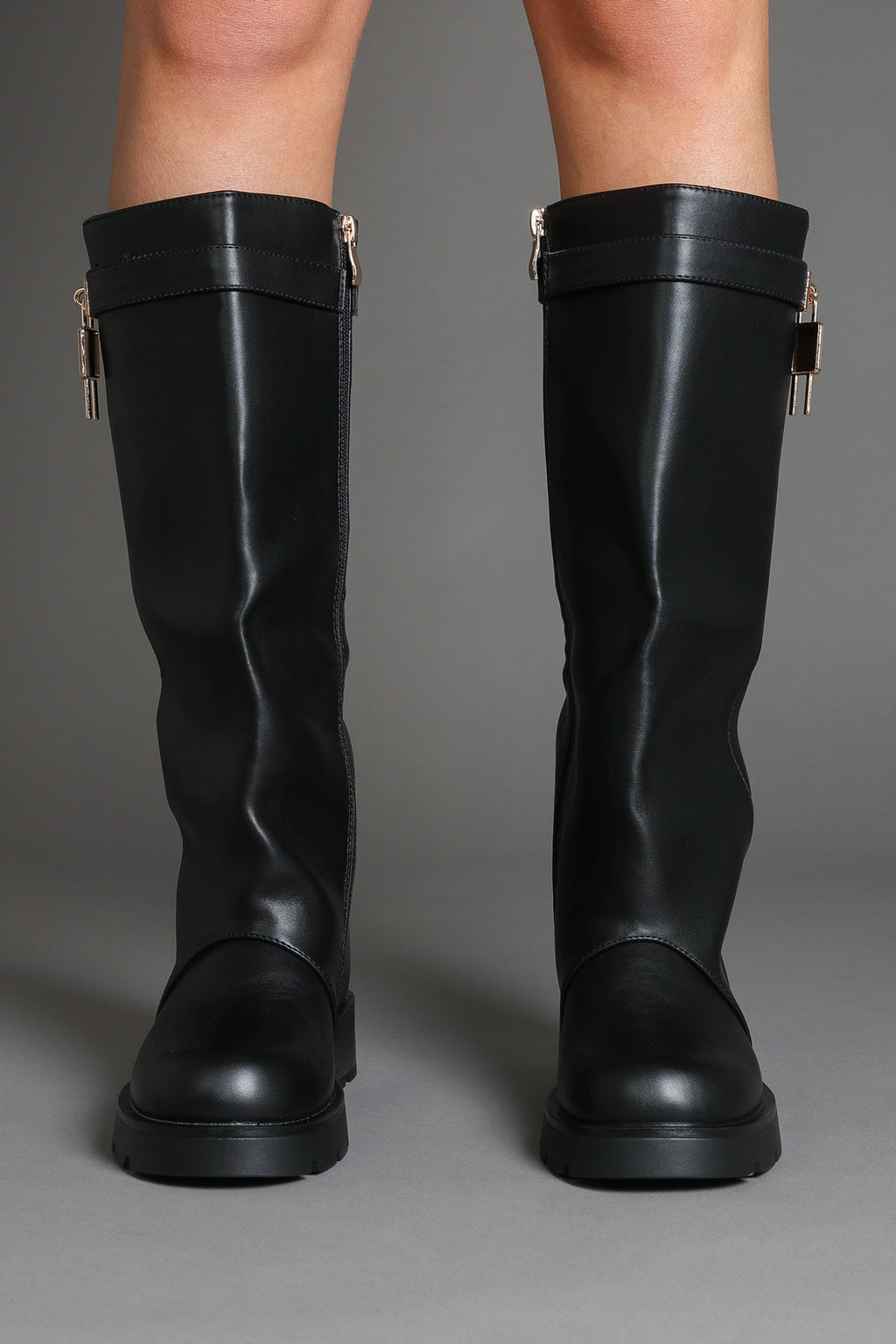 Black Chunky Lug Sole Riding Boots with Gold Padlock Detail