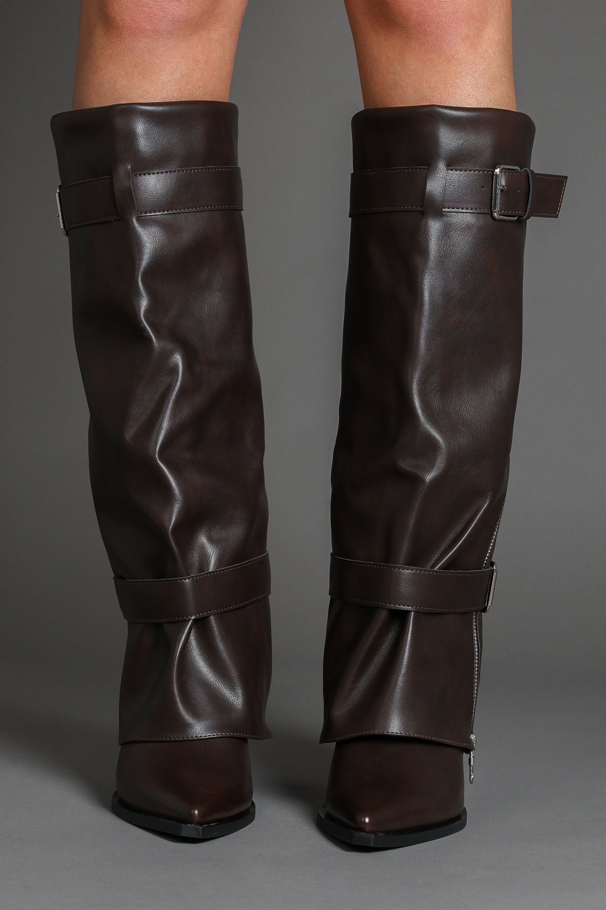 Brown Fold Over Pointed-Toe Buckle Detail Western Boots