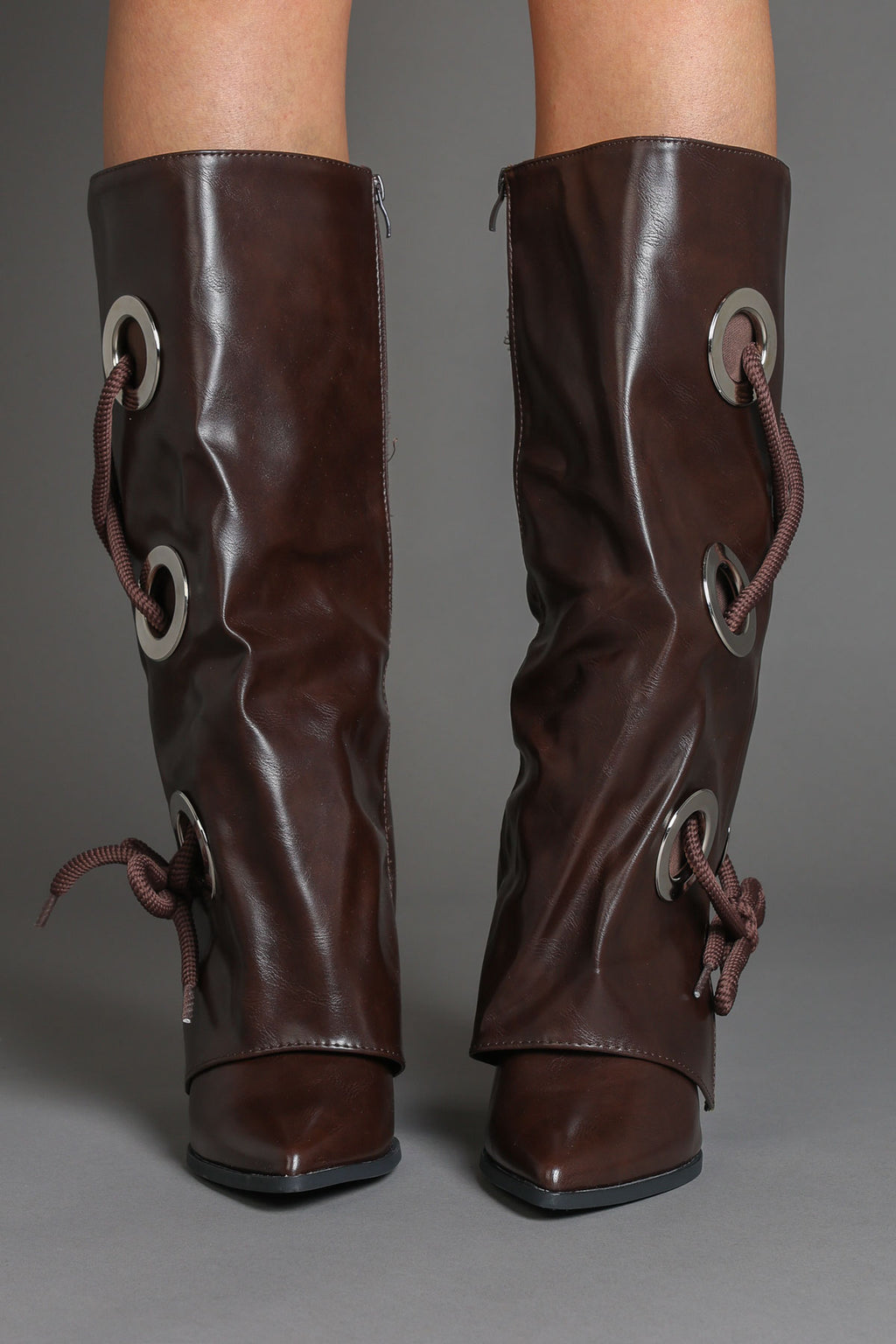 Brown Faux Leather Fold Over Lace Detail Knee-High
