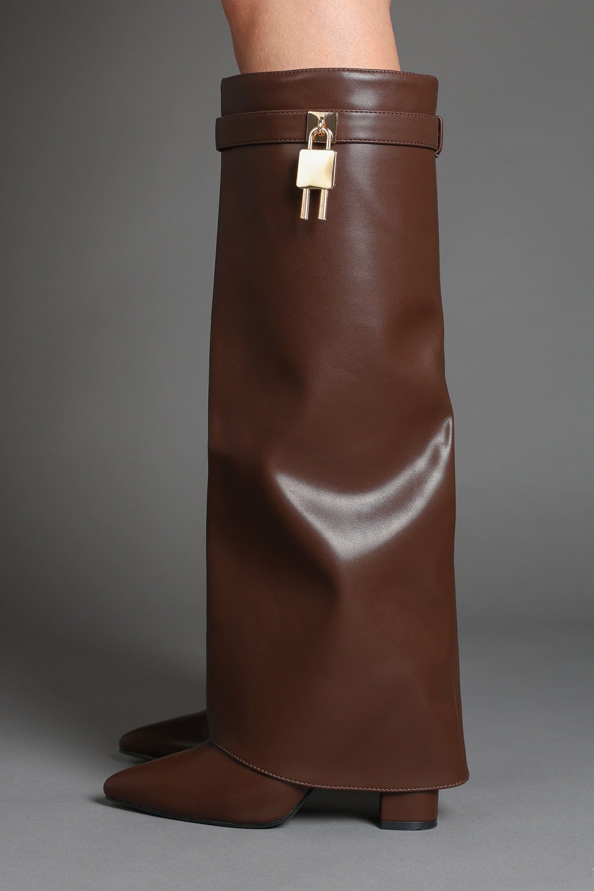 Brown Faux Leather Fold Over Padlock Detail Slouchy Shark Boots