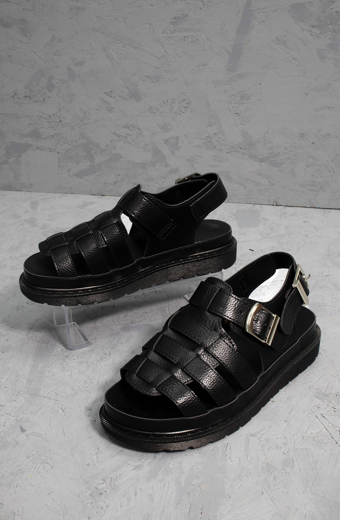 Black Chunky Caged Faux Leather Sandal
